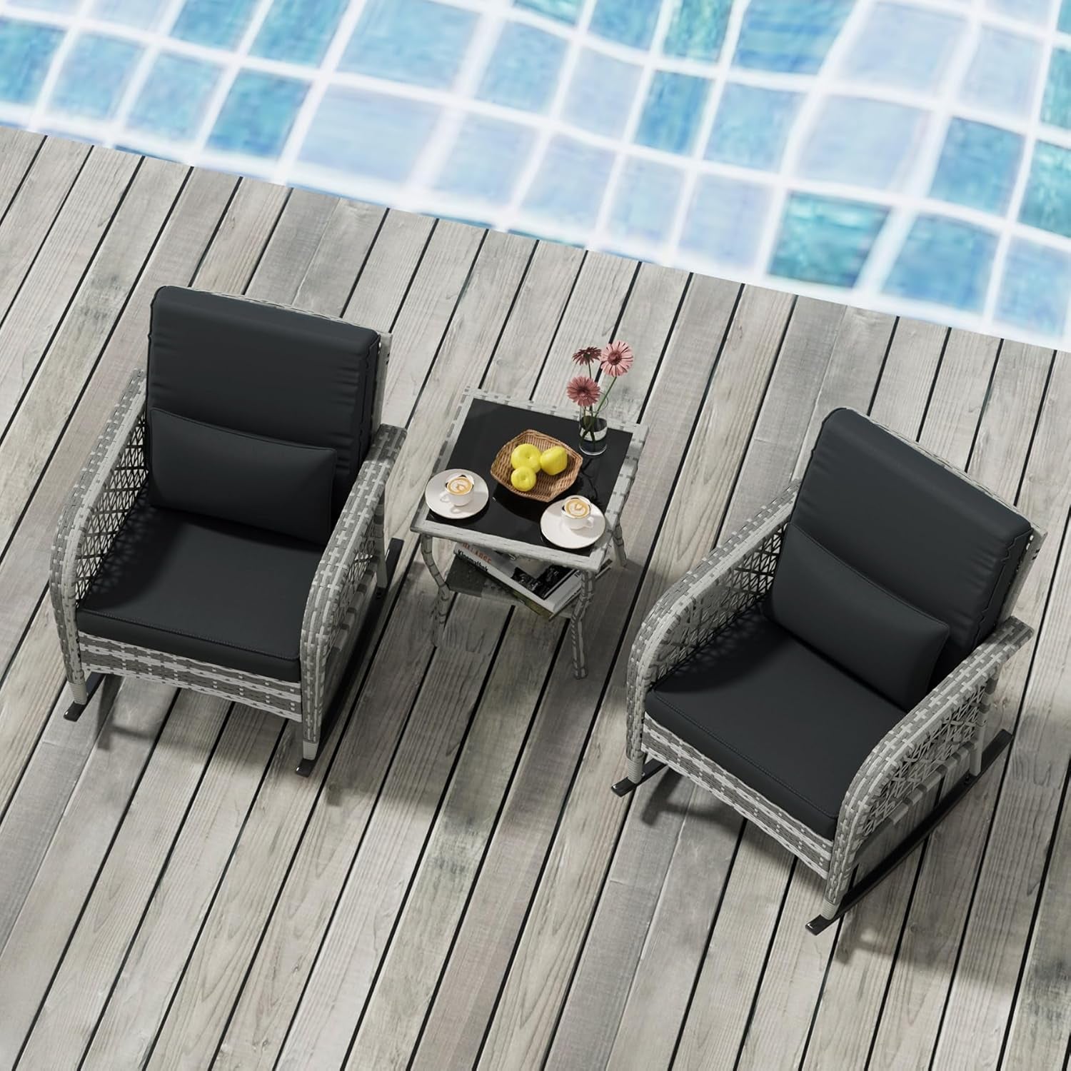 3 Piece Slate Grey Wicker Patio Rocking Chair Set With Glass Coffee Table Outdoor Furniture