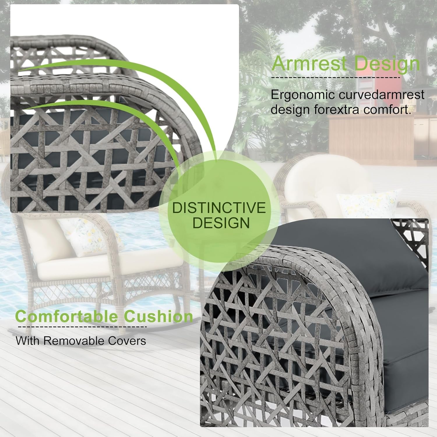 3 Piece Slate Grey Wicker Patio Rocking Chair Set With Glass Coffee Table Outdoor Furniture