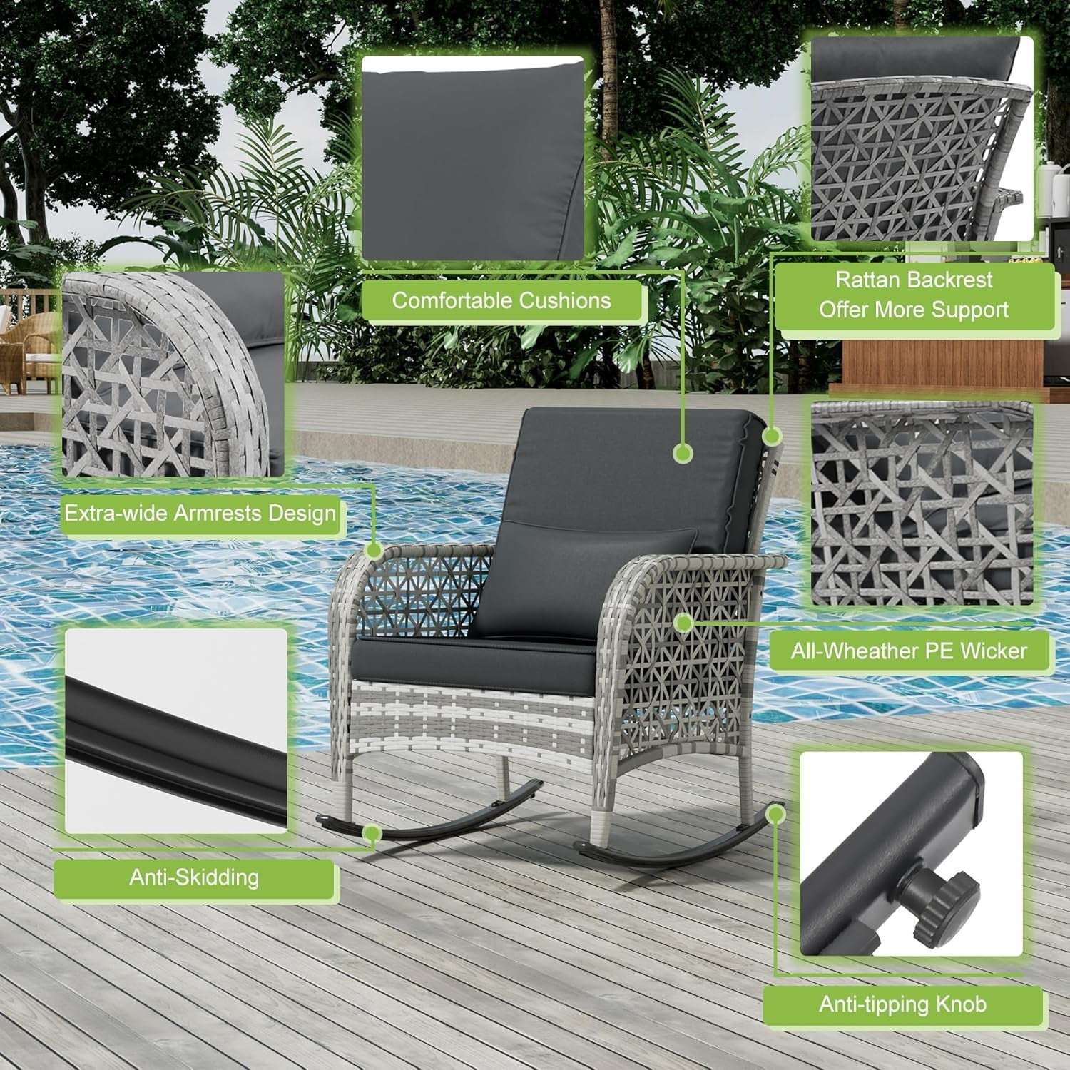 3 Piece Slate Grey Wicker Patio Rocking Chair Set With Glass Coffee Table Outdoor Furniture