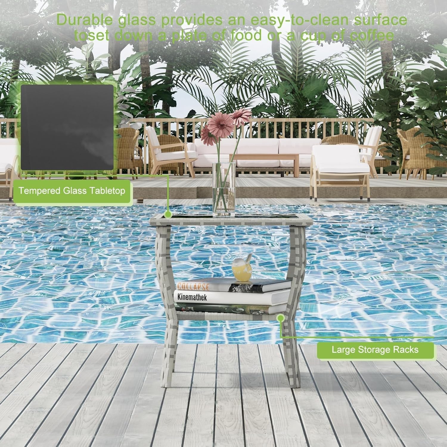 3 Piece Slate Grey Wicker Patio Rocking Chair Set With Glass Coffee Table Outdoor Furniture