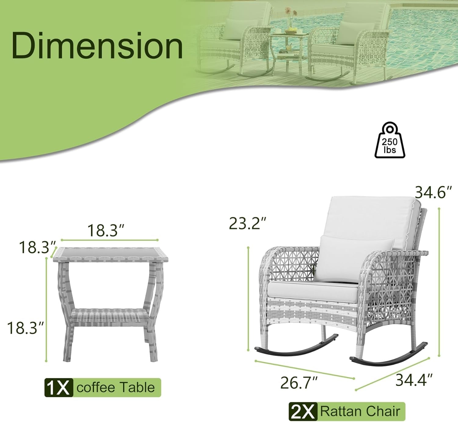 3 Piece Slate Grey Wicker Patio Rocking Chair Set With Glass Coffee Table Outdoor Furniture