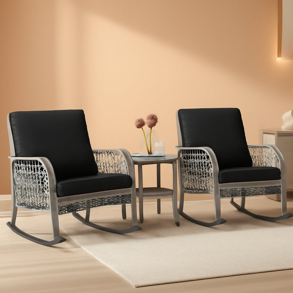 3 Piece Slate Grey Wicker Patio Rocking Chair Set With Glass Coffee Table Outdoor Furniture