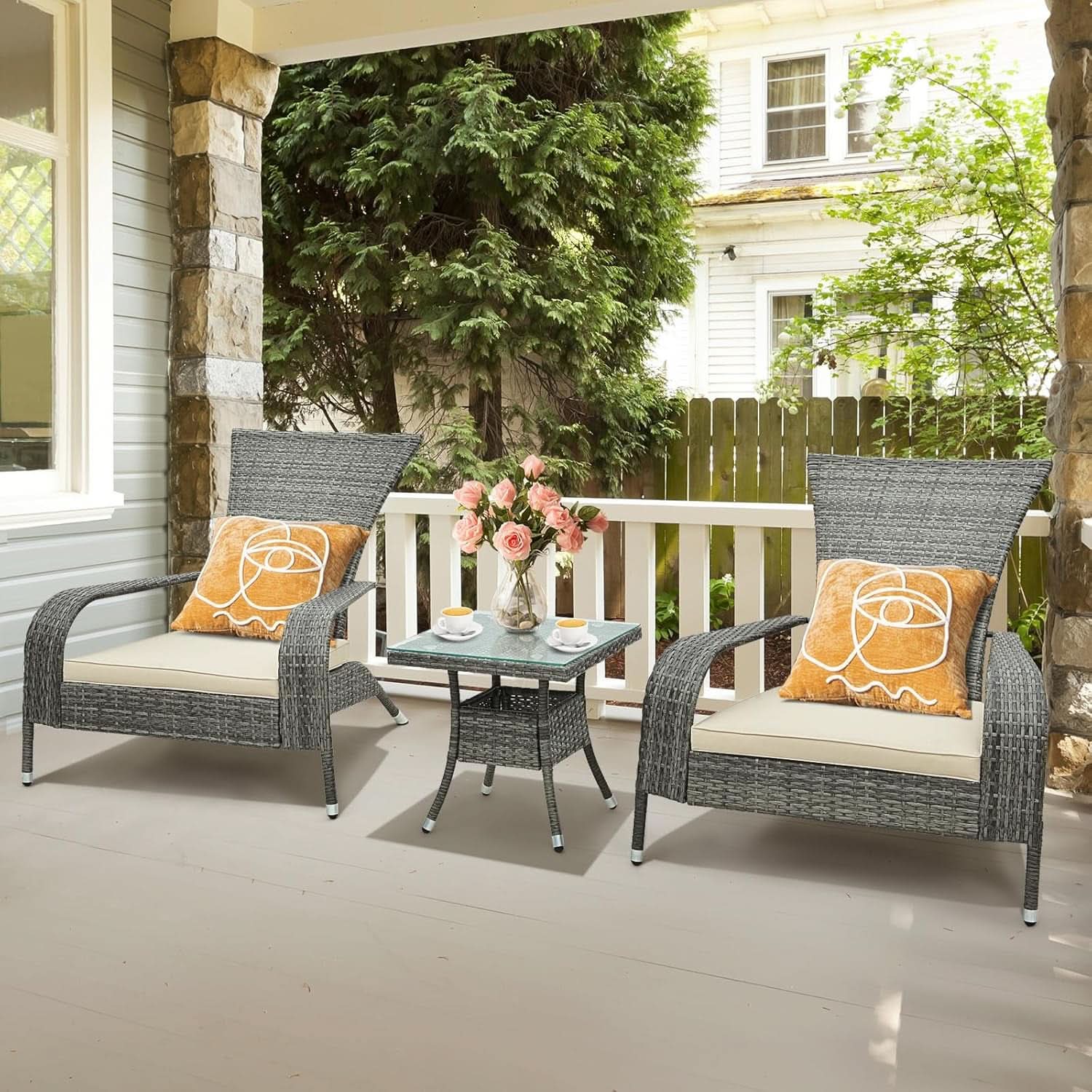 3 Piece Wicker Adirondack Patio Set With Cushioned Chairs