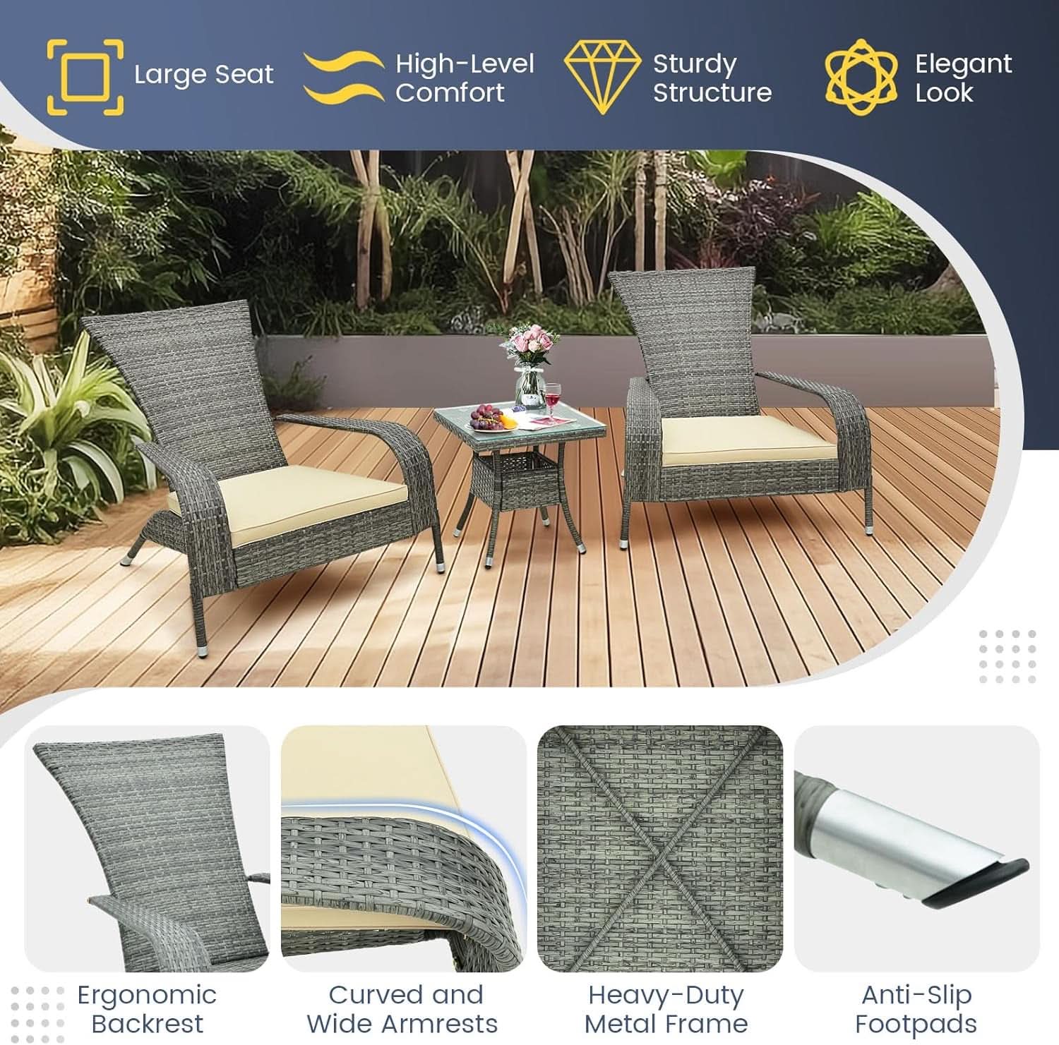 3 Piece Wicker Adirondack Patio Set With Cushioned Chairs