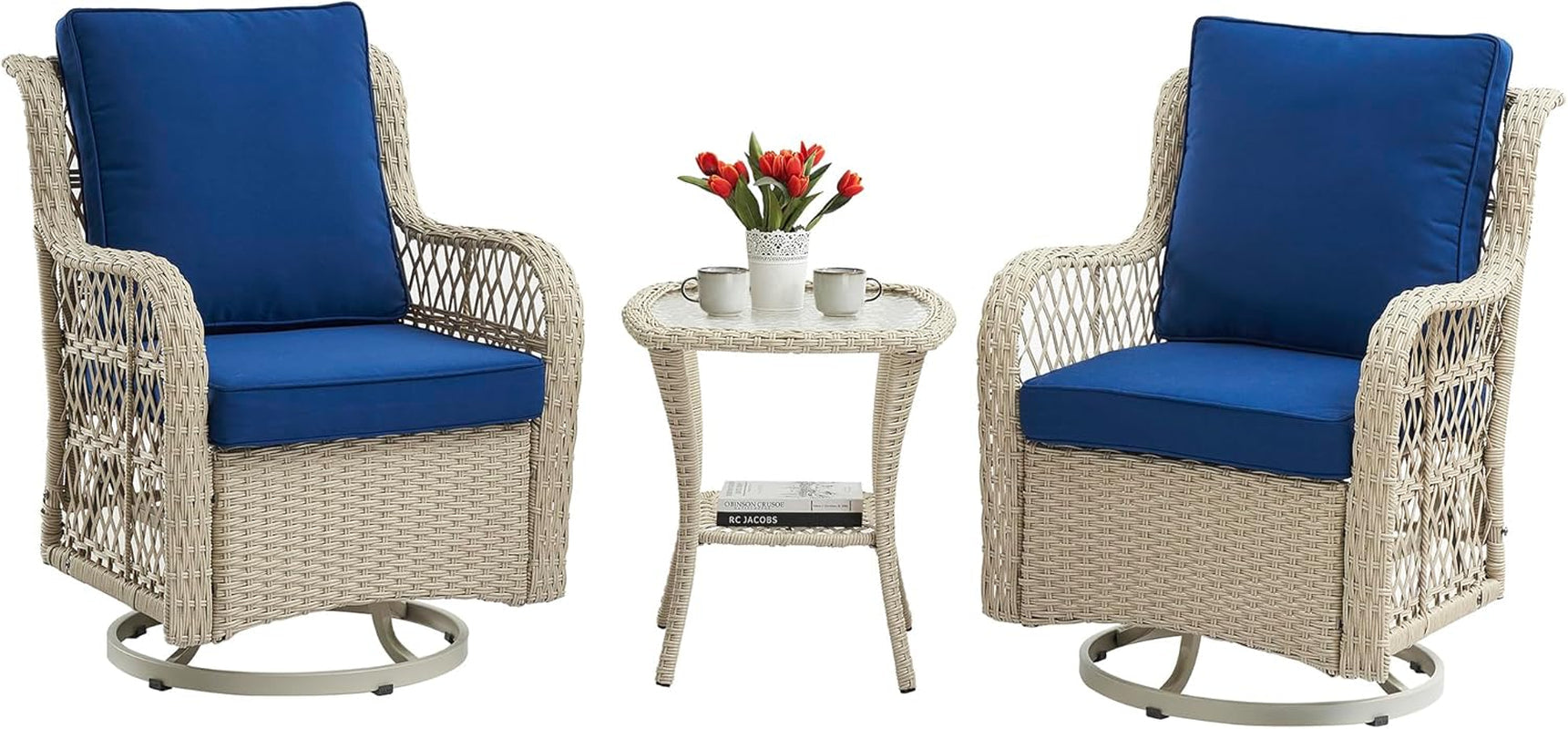 3 Piece Wicker Patio Furniture Set With 360 Degree Swivel Rocking Chairs And Rattan Side Table Light Beige