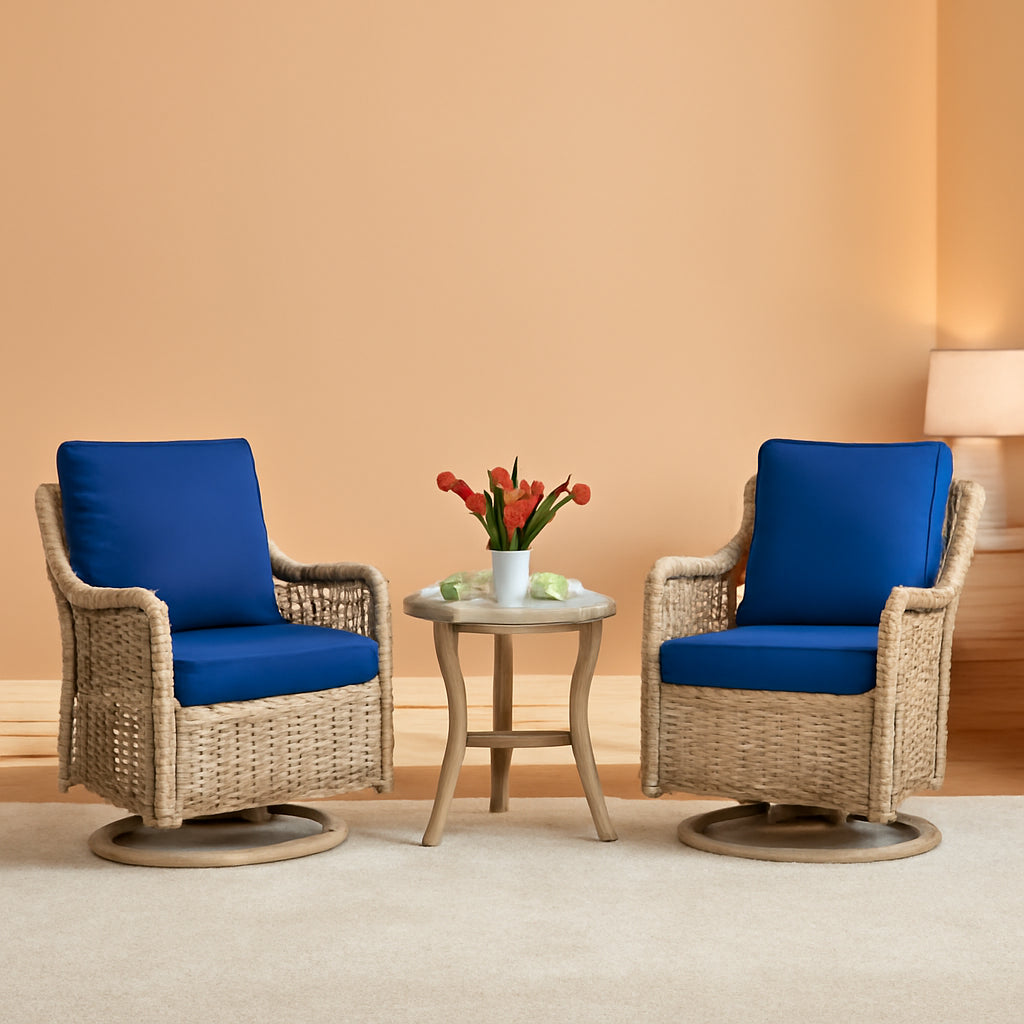 3 Piece Wicker Patio Furniture Set With 360 Degree Swivel Rocking Chairs And Rattan Side Table Light Beige