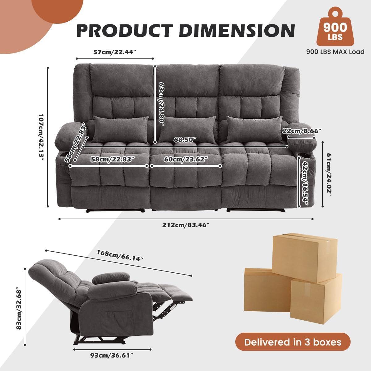 3 Seat Reclining Sofa With Cup Holders For Living Room