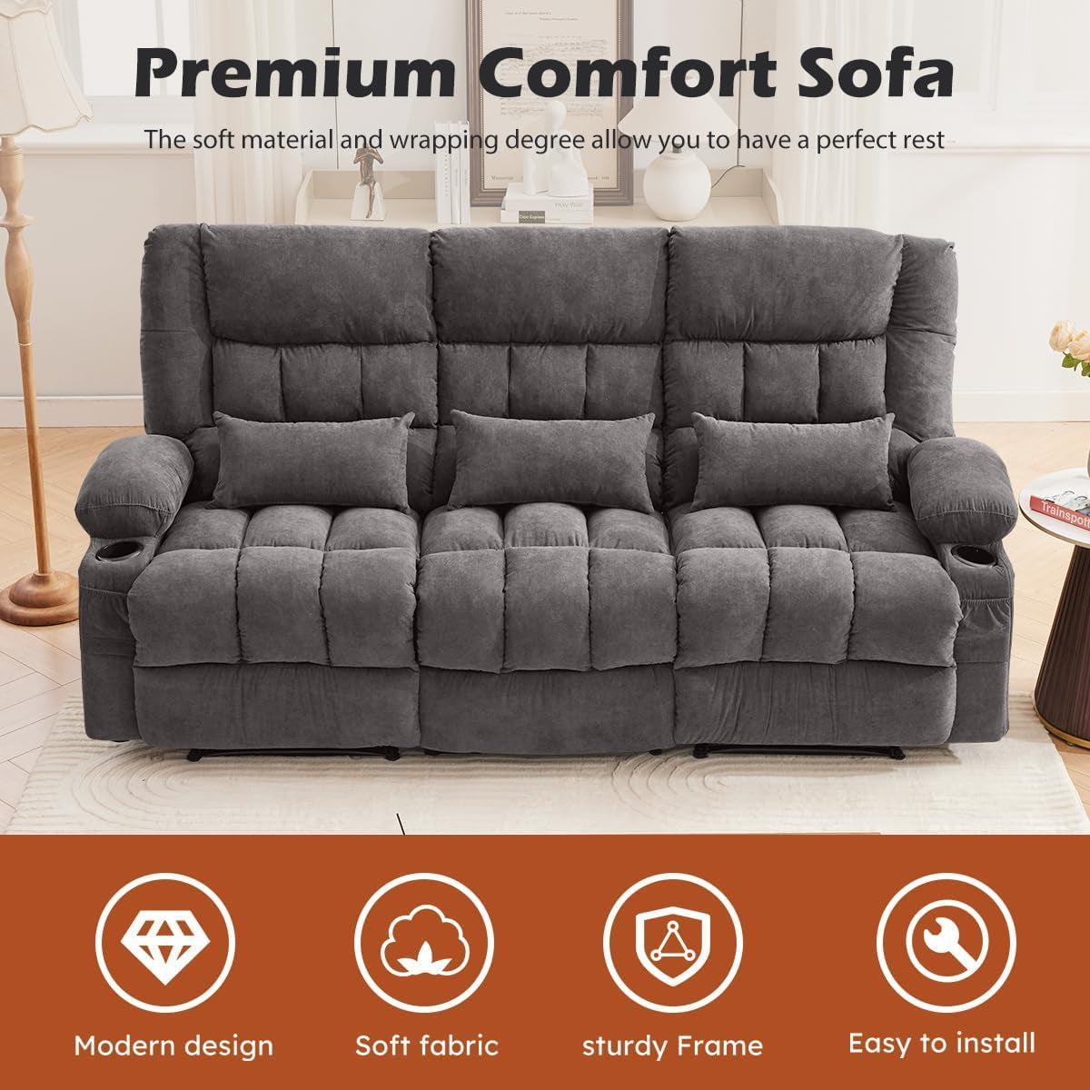 3 Seat Reclining Sofa With Cup Holders For Living Room