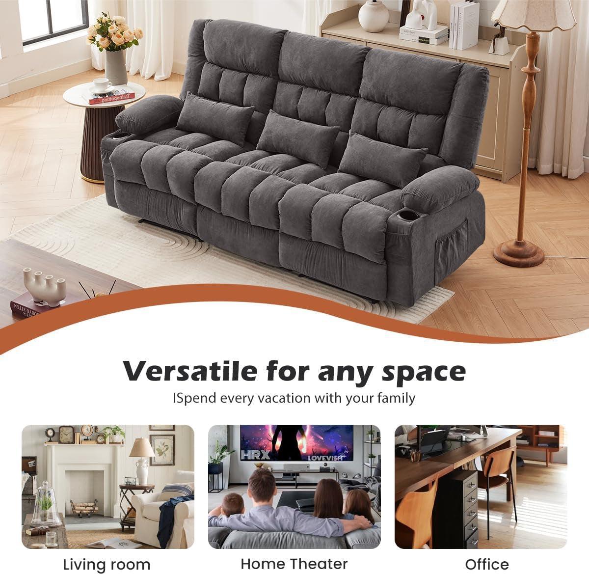 3 Seat Reclining Sofa With Cup Holders For Living Room