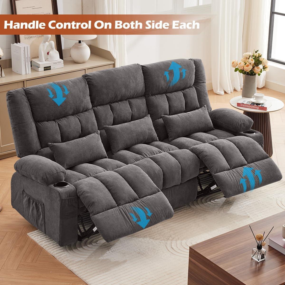 3 Seat Reclining Sofa With Cup Holders For Living Room