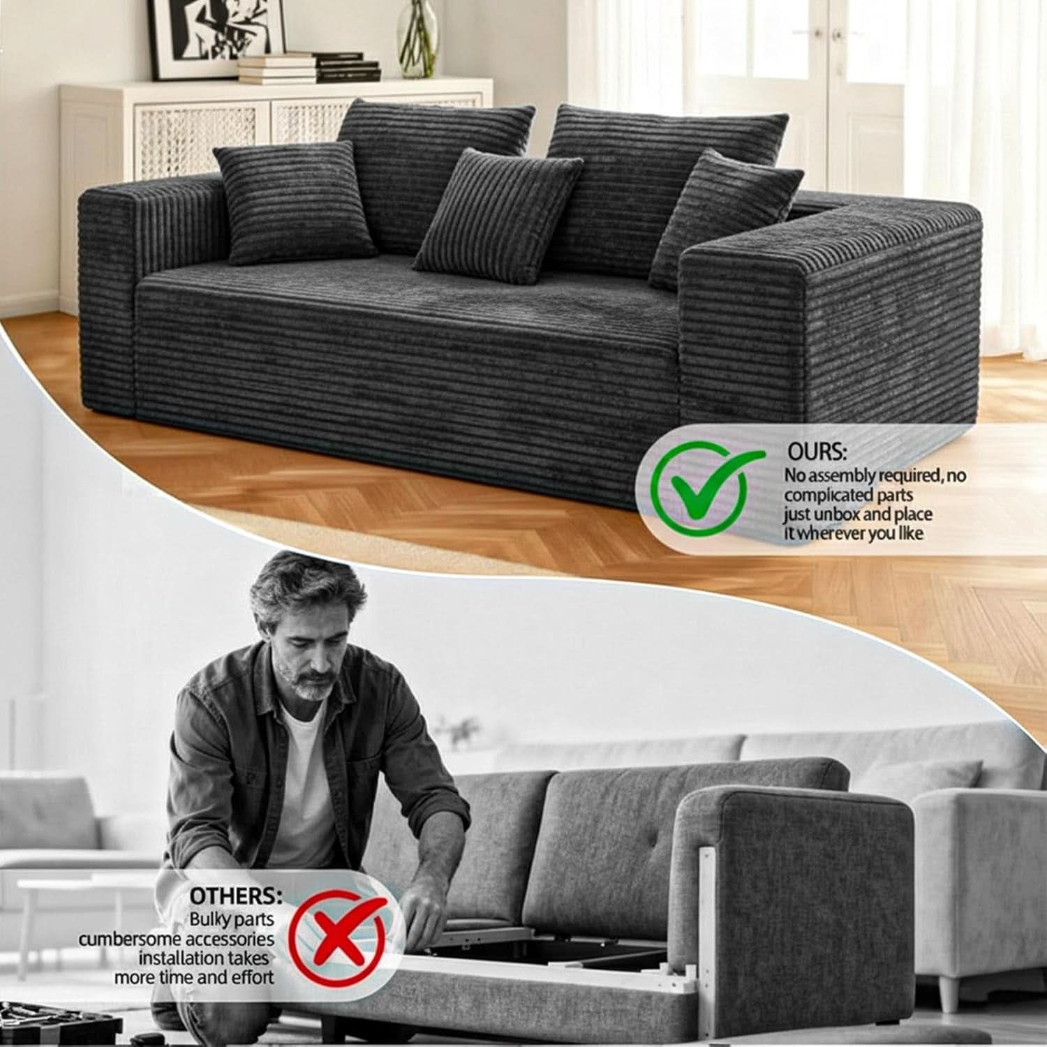 3-Seater Corduroy Sleeper Sofa No Assembly Lounge