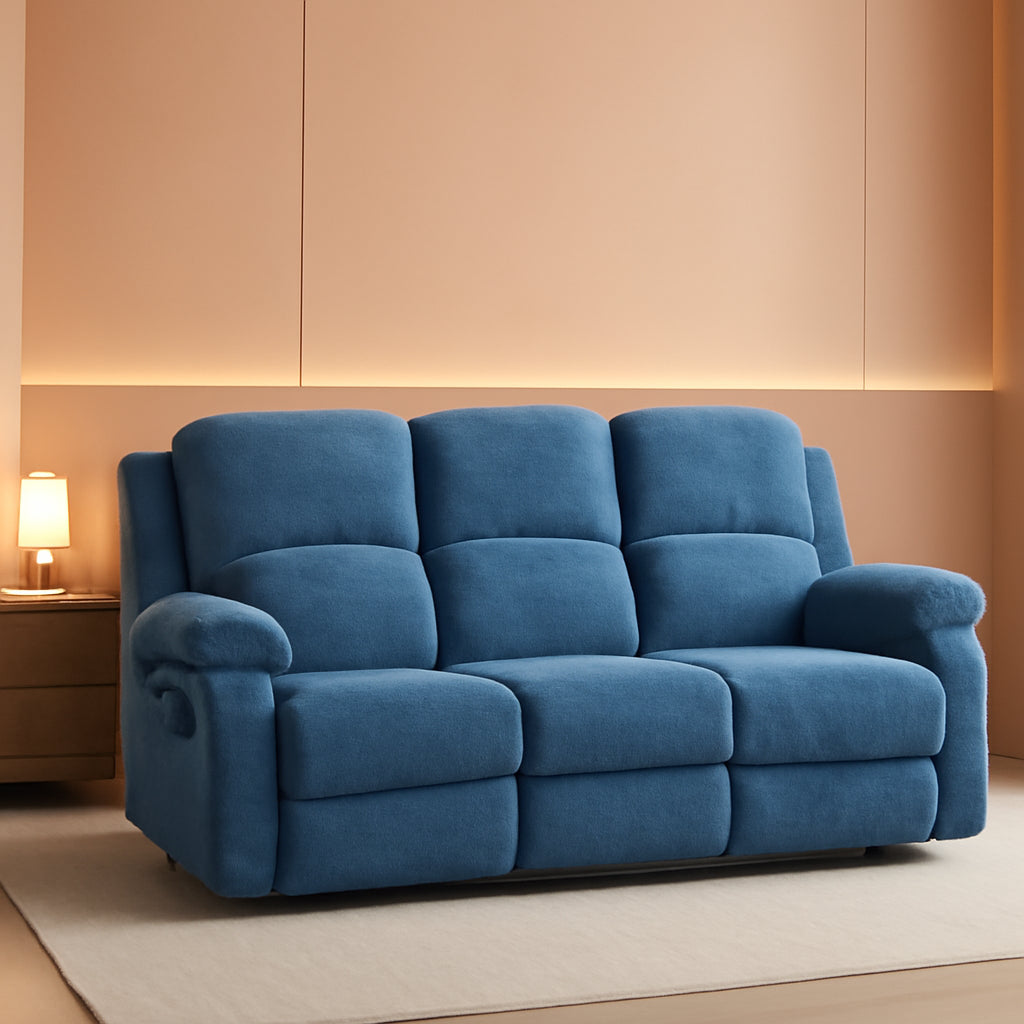 3 Seater Manual Recliner Sofa Blue Fabric With Cup Holders And Drop Down Table For Living Room