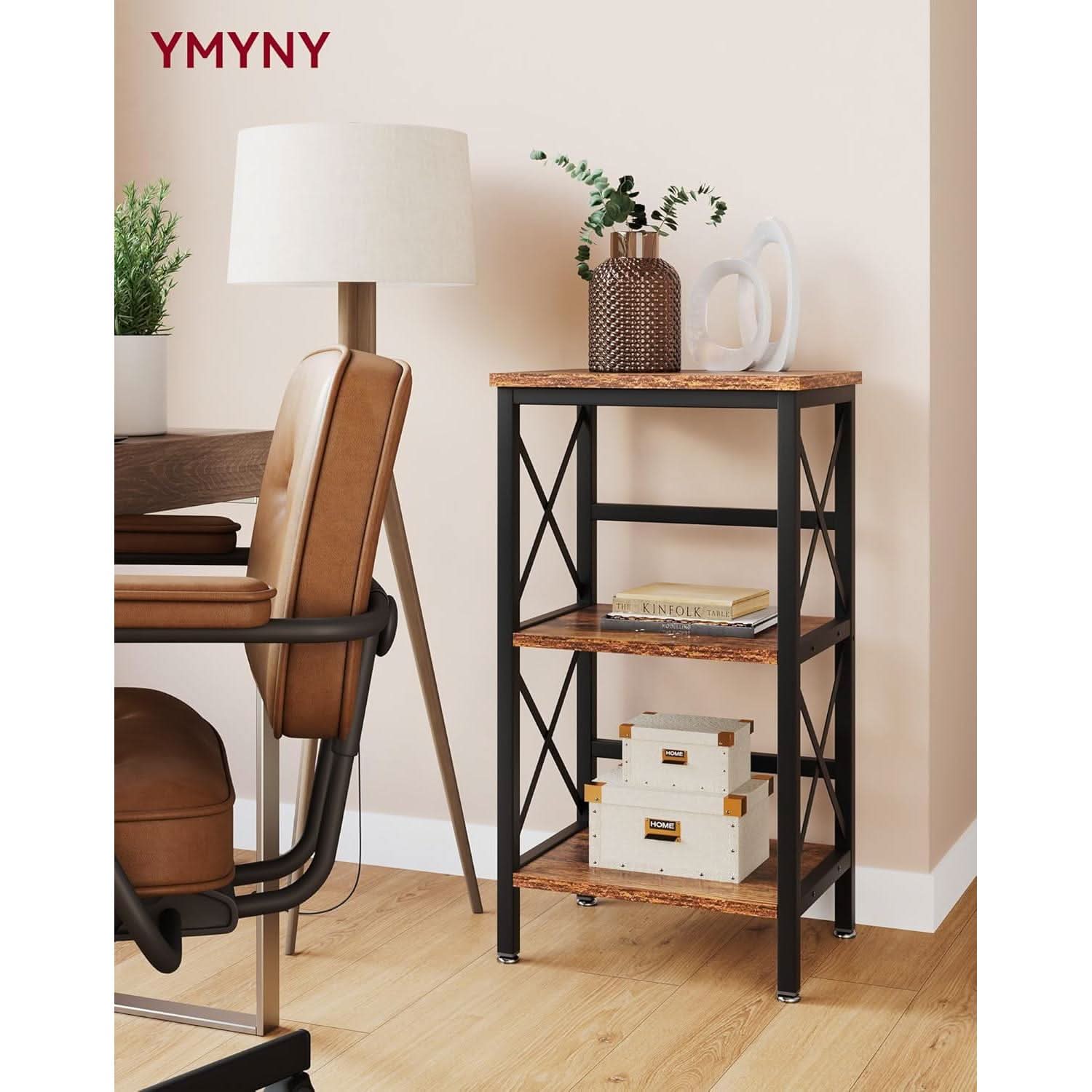 3 Tier Bookcase Industrial Metal Bookshelf With Side Fence in Rustic Brown Living Room Storage Display