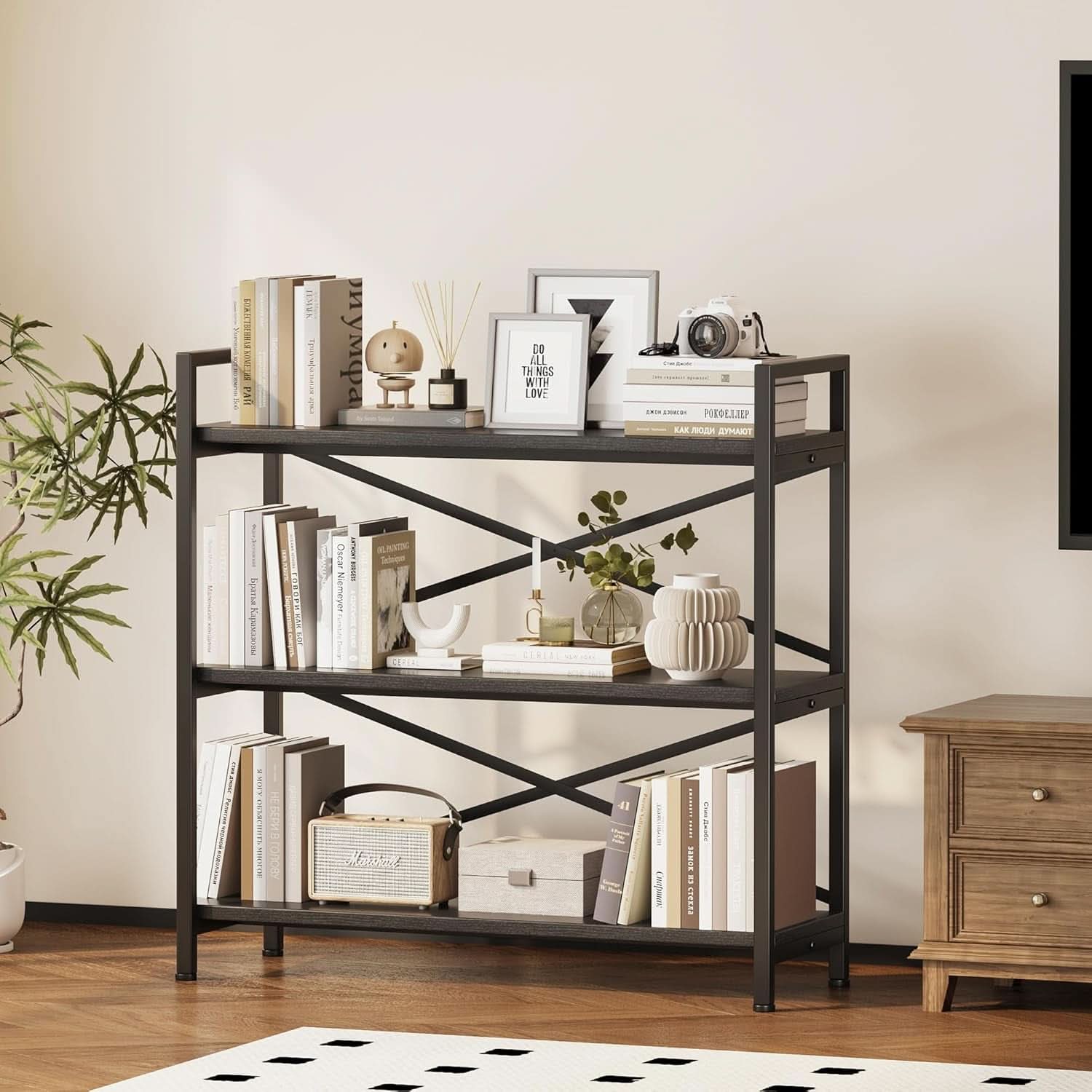 3 Tier Bookshelf 31 Inch Width Wood And Metal Etagere Black