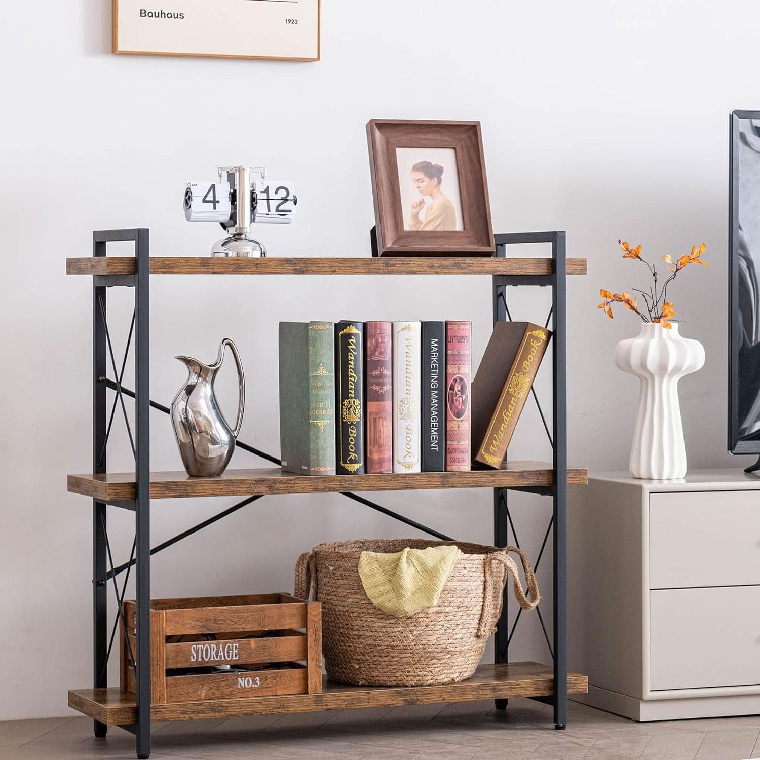 3 Tier Industrial Bookshelf Rustic Wood And Metal Open