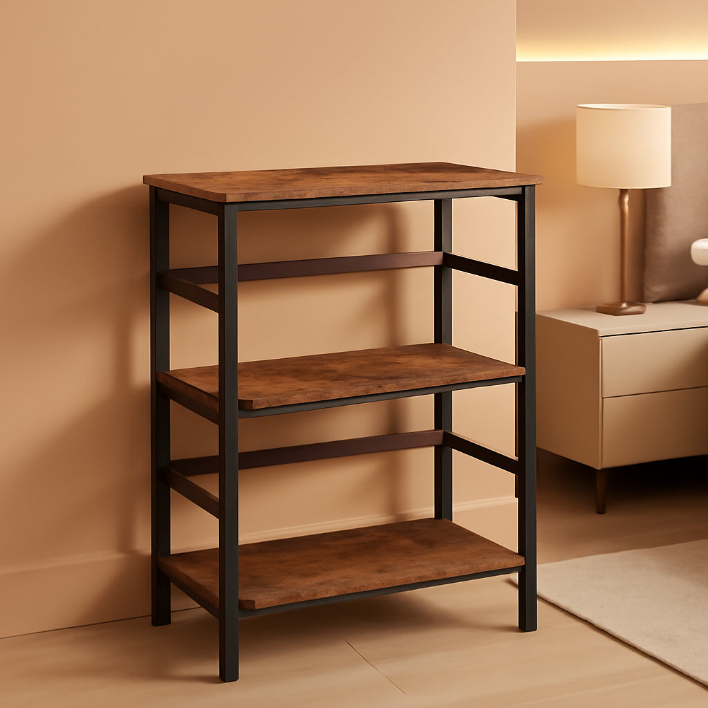 3 Tier Industrial Wood And Metal Bookcase With Rustic Brown Open Display For Living Room And Bedroom