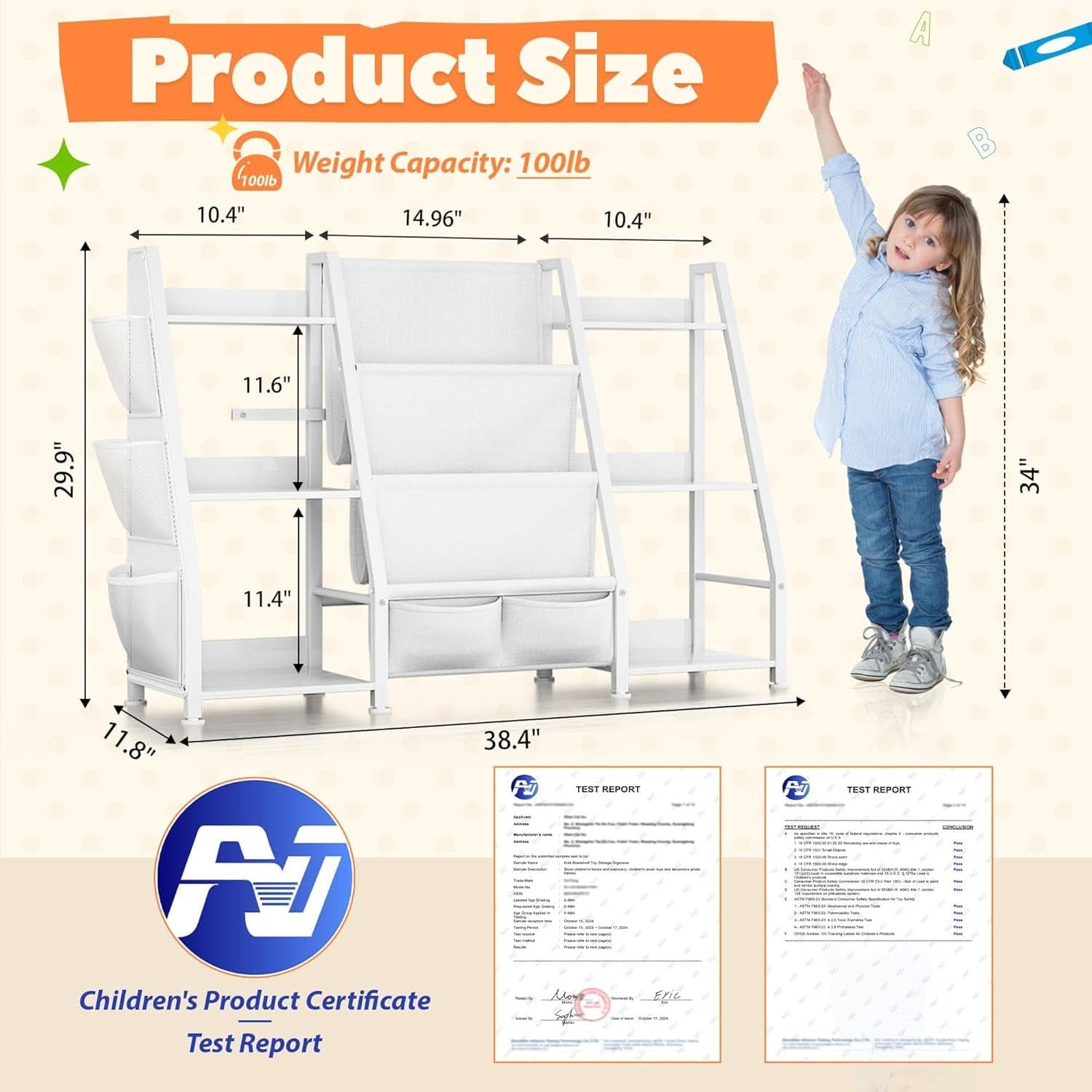 3 Tier Kids Bookshelf Toy Organizer In White Wood And Metal