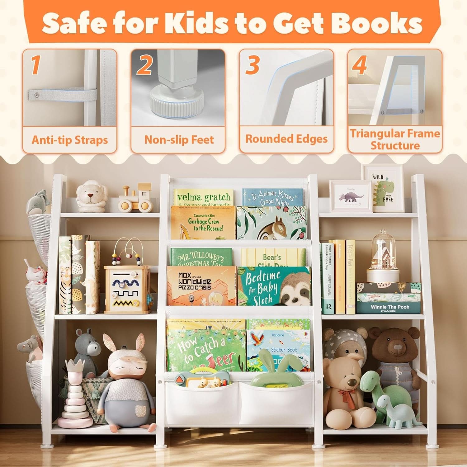 3 Tier Kids Bookshelf Toy Organizer In White Wood And Metal