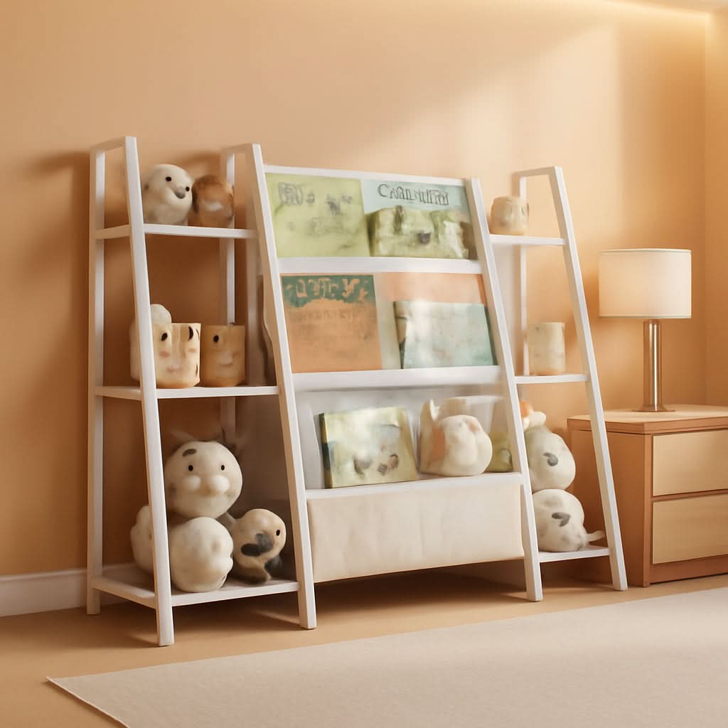 3 Tier Kids Bookshelf Toy Organizer In White Wood And Metal