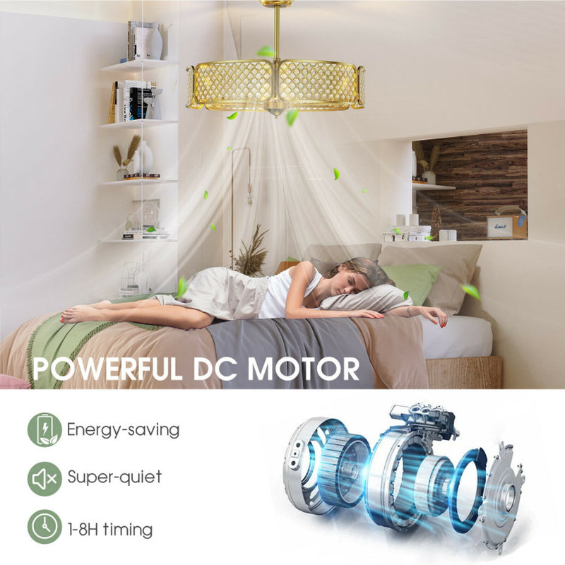 30 Inch Caged Ceiling Fan With Crystal Lampshade Six Light Bases