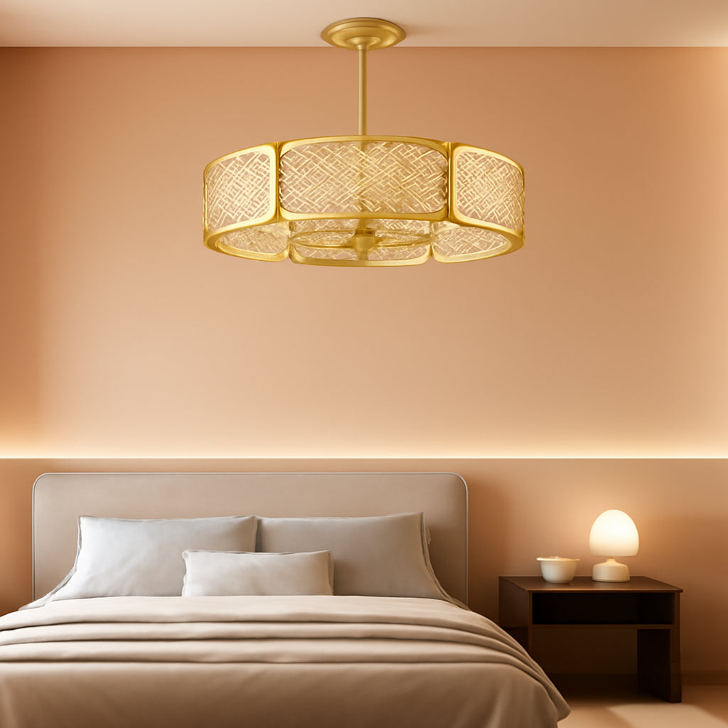30 Inch Caged Ceiling Fan With Crystal Lampshade Six Light Bases