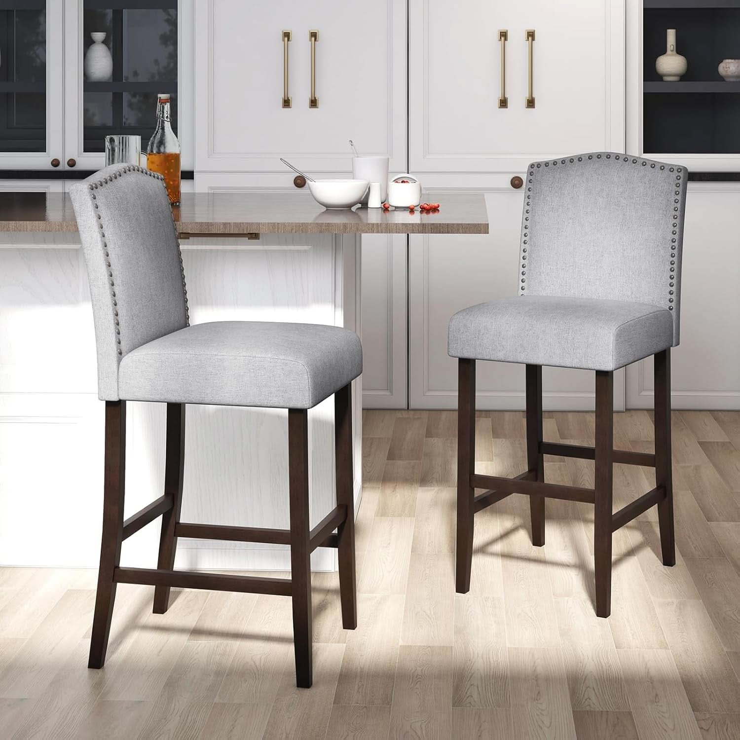 30 Inch Grey Bar Stool Set Of 2 With Nailhead Trim
