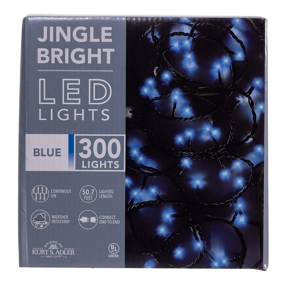 300-Light 3MM Blue LED Green Wire Jingle Bright Light Set - 50 Feet Long