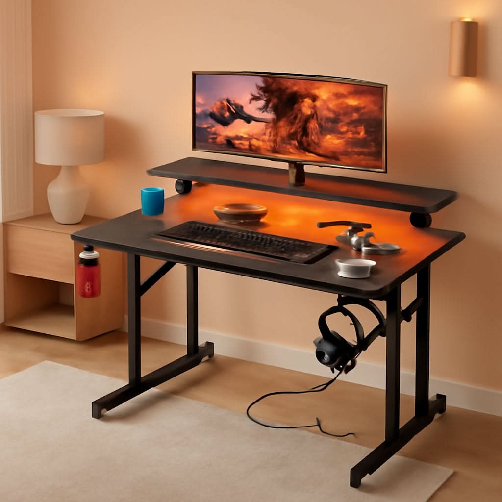 31 Inch Gaming Desk With LED Lights And Power Outlets