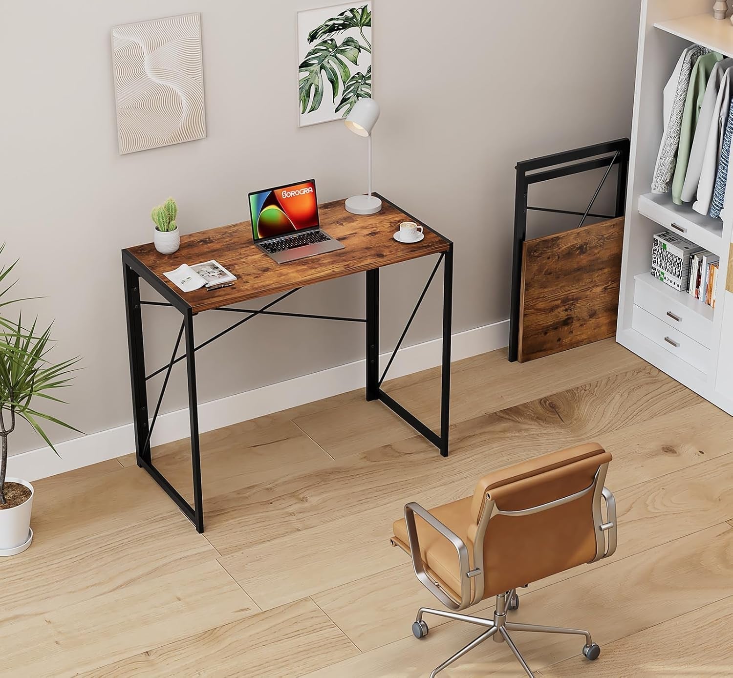 31.5-Inch Vintage Brown Folding Desk For Small Spaces