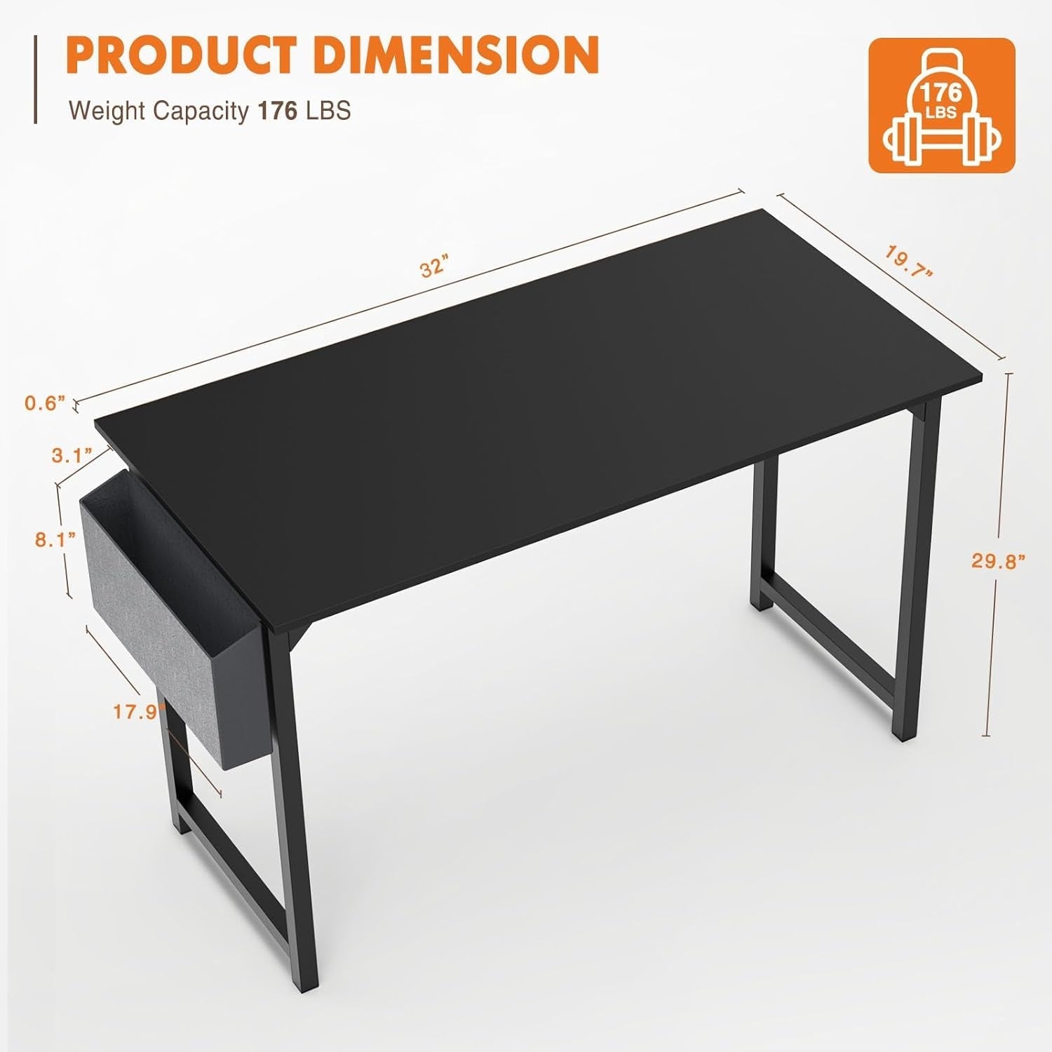 32 Inch Black Office Desk With Storage And Headphone Hooks