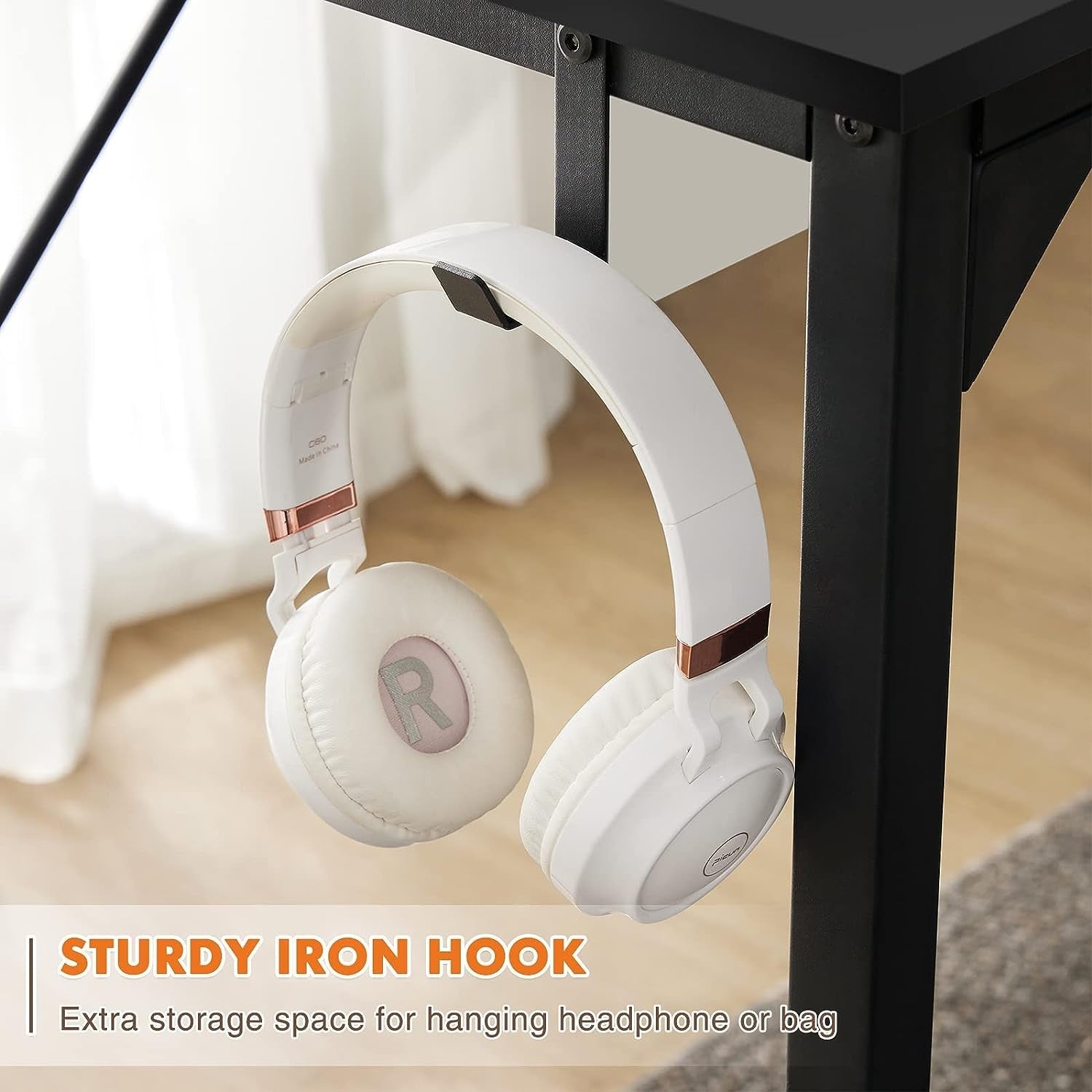 32 Inch Black Office Desk With Storage And Headphone Hooks