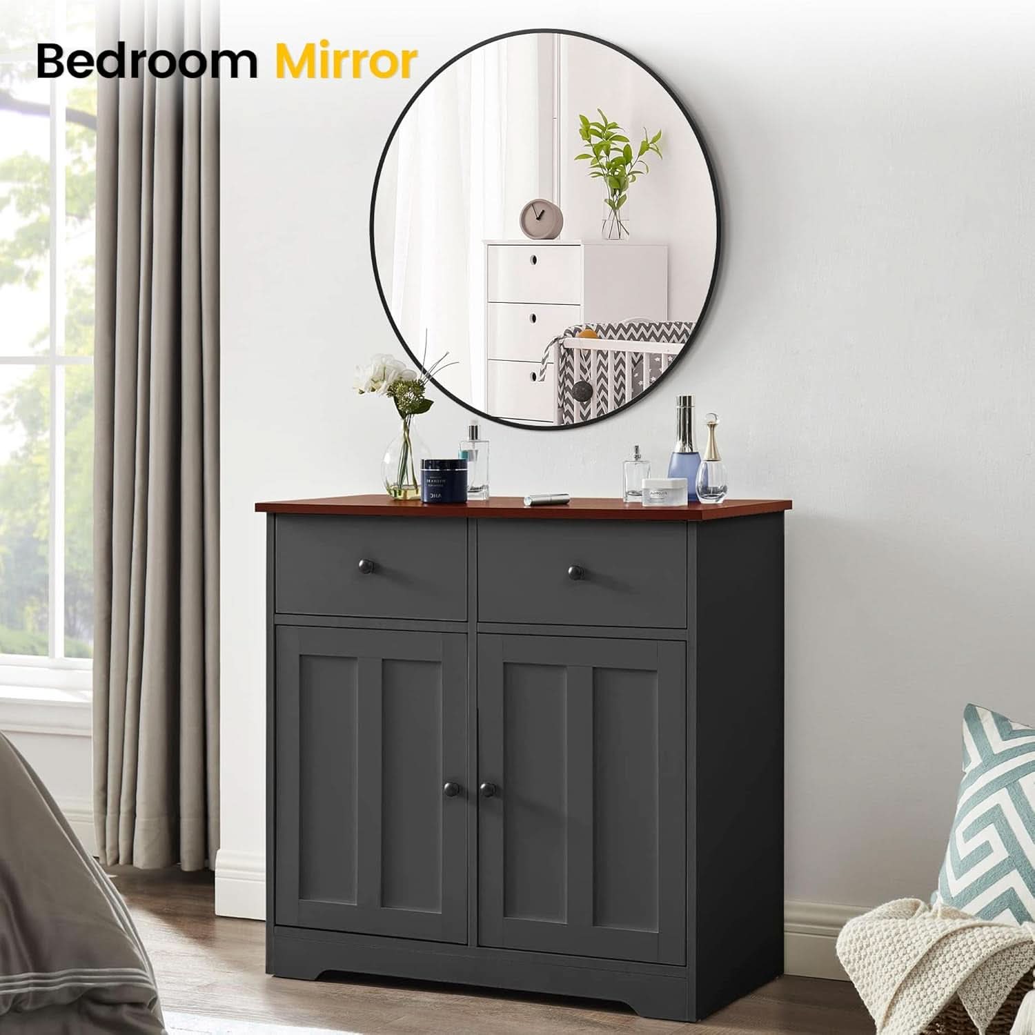 32 Inch Black Round Mirror With Metal Frame For Bathroom And Living Room