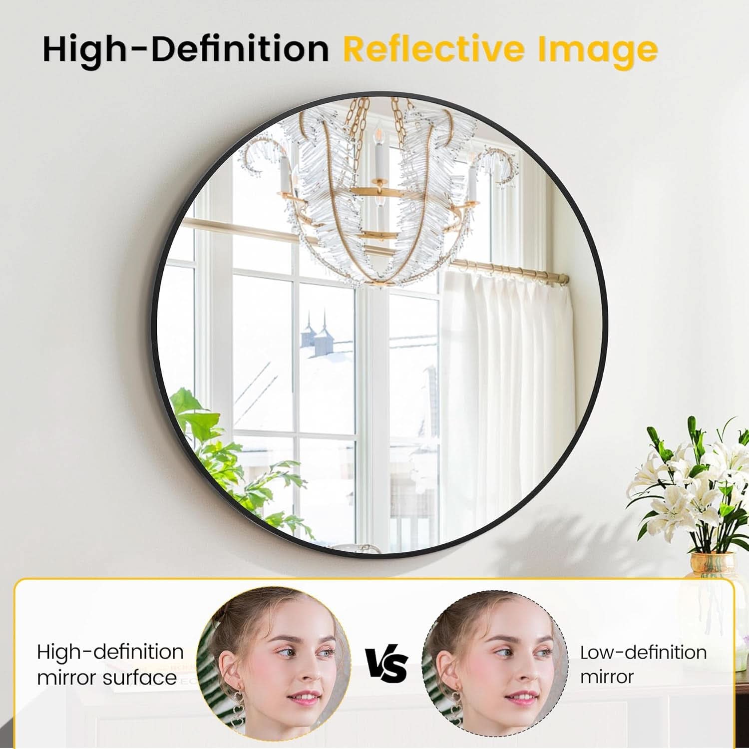 32 Inch Black Round Mirror With Metal Frame For Bathroom And Living Room