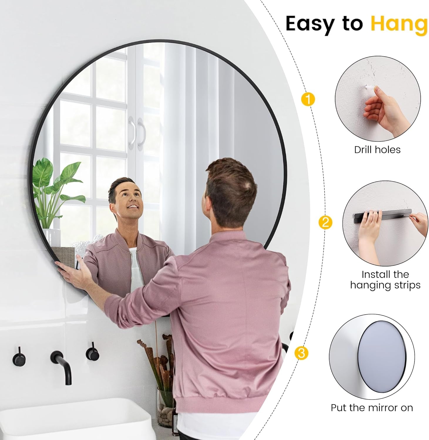32 Inch Round Mirror With Black Metal Frame For Wall Decor