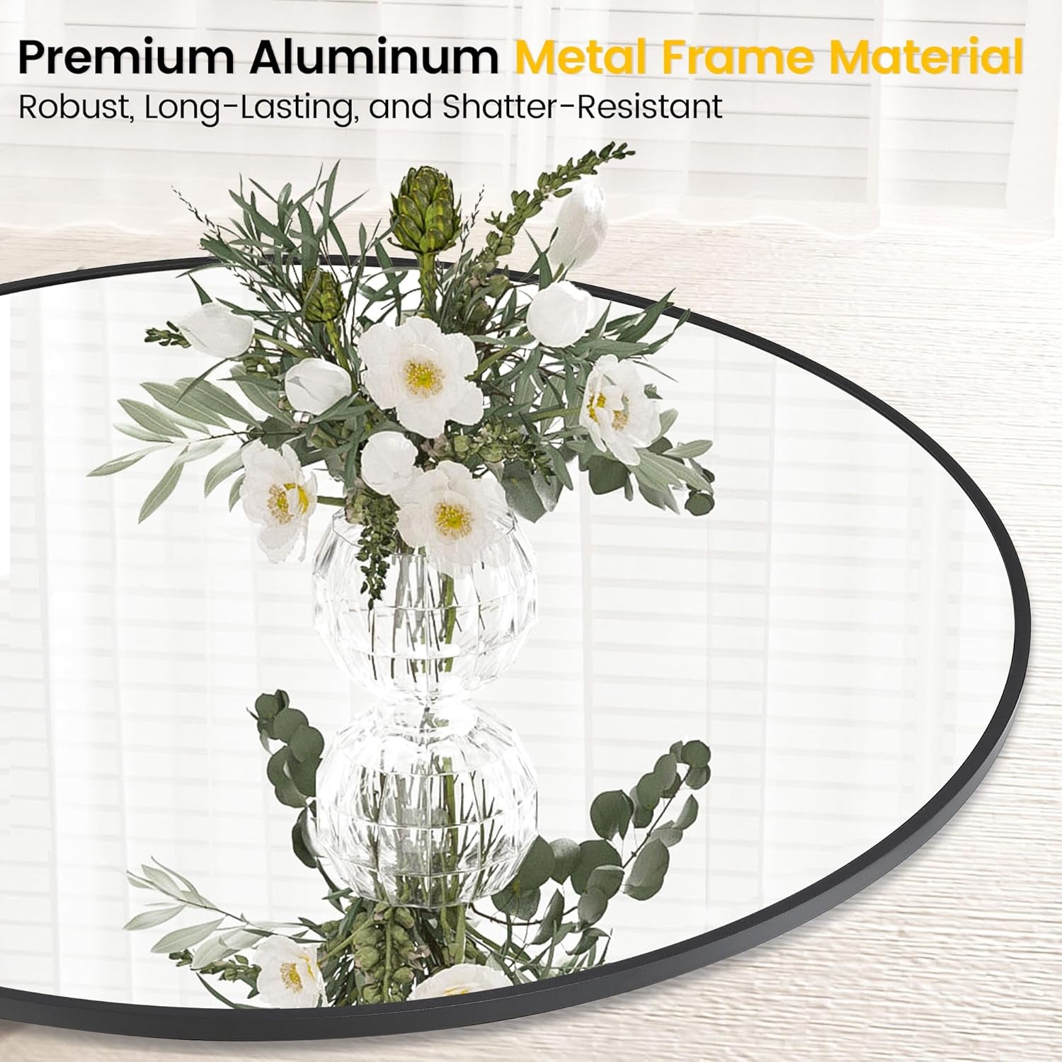 32 Inch Round Mirror With Black Metal Frame For Wall Decor