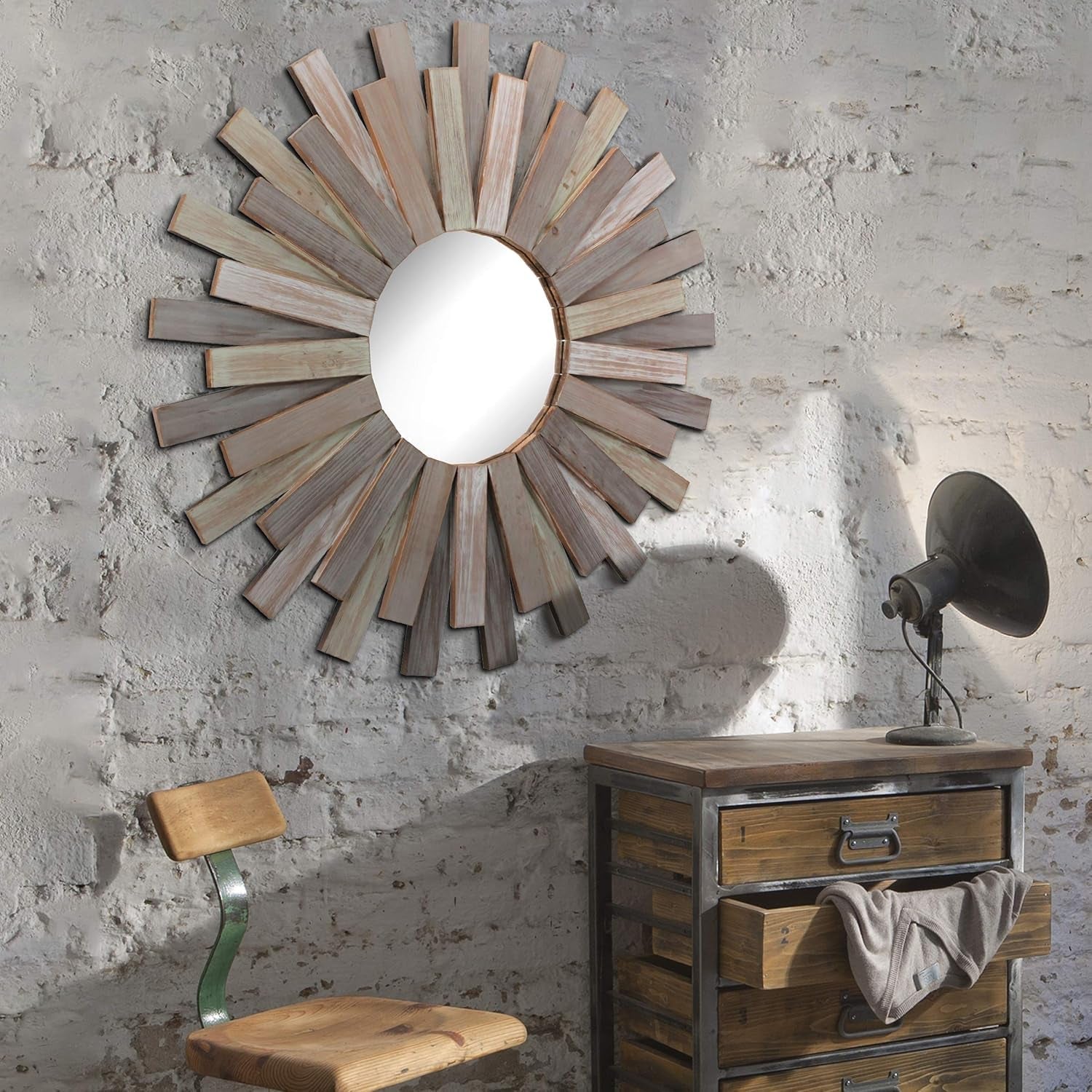 32 Inch Round Wooden Sunburst Wall Mirror Multicolor Finish