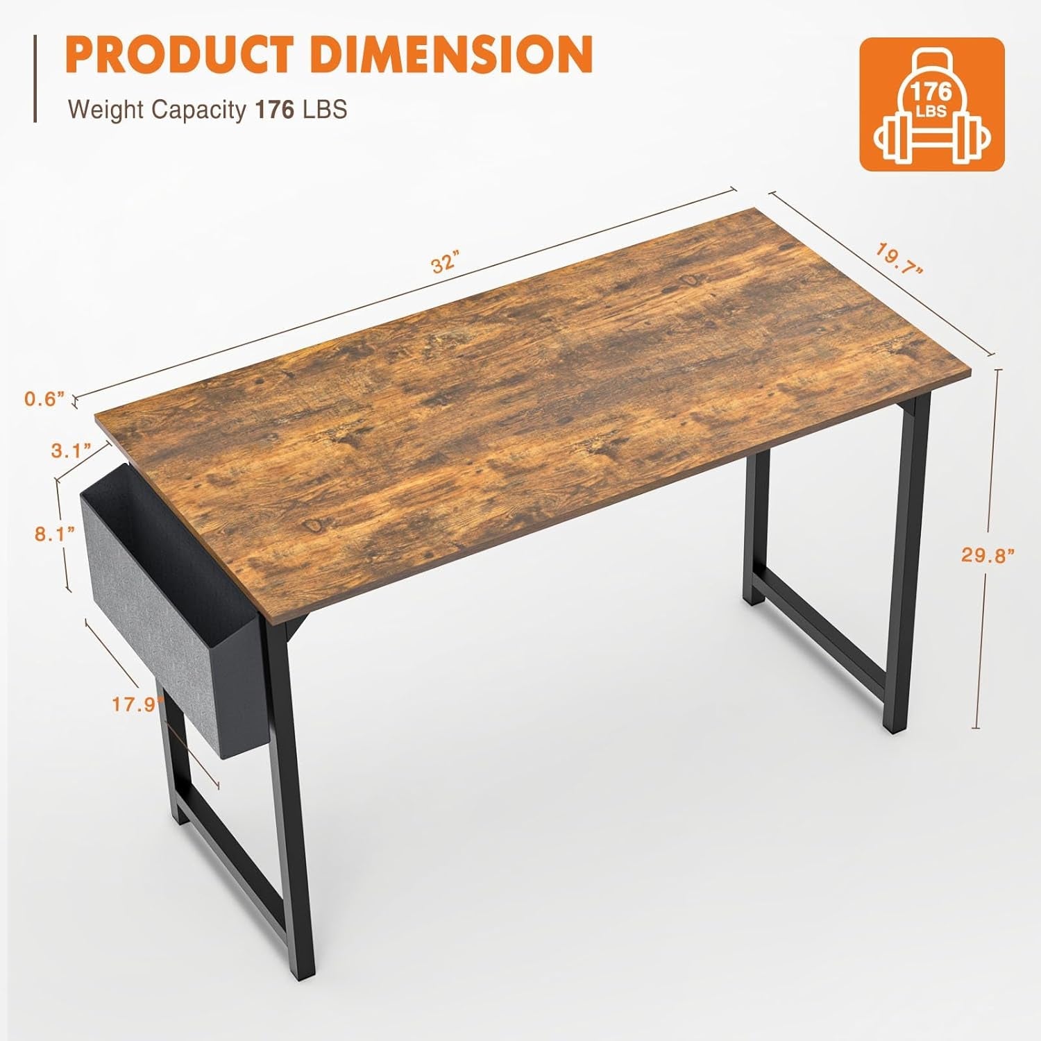 32 Inch Rustic Brown Desk With Headphone Hooks And Storage