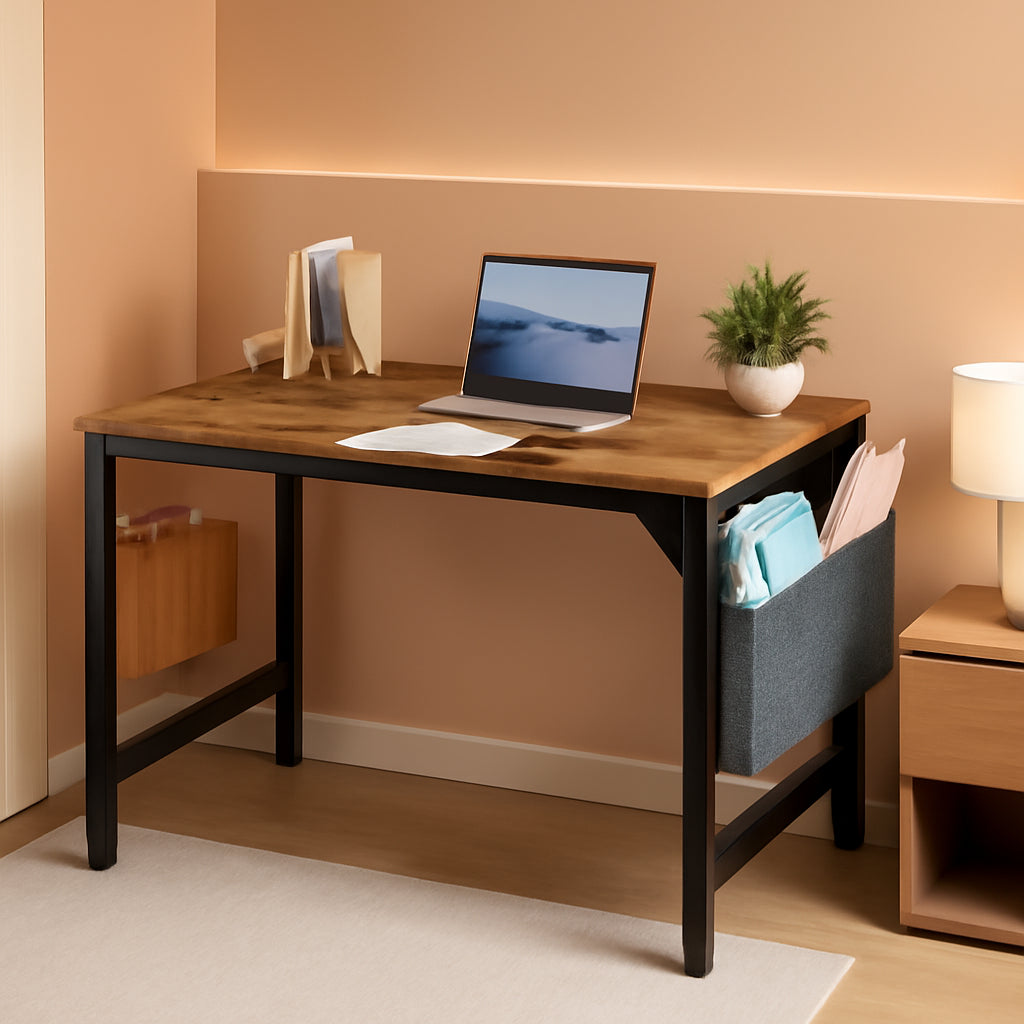 32 Inch Rustic Brown Desk With Headphone Hooks And Storage