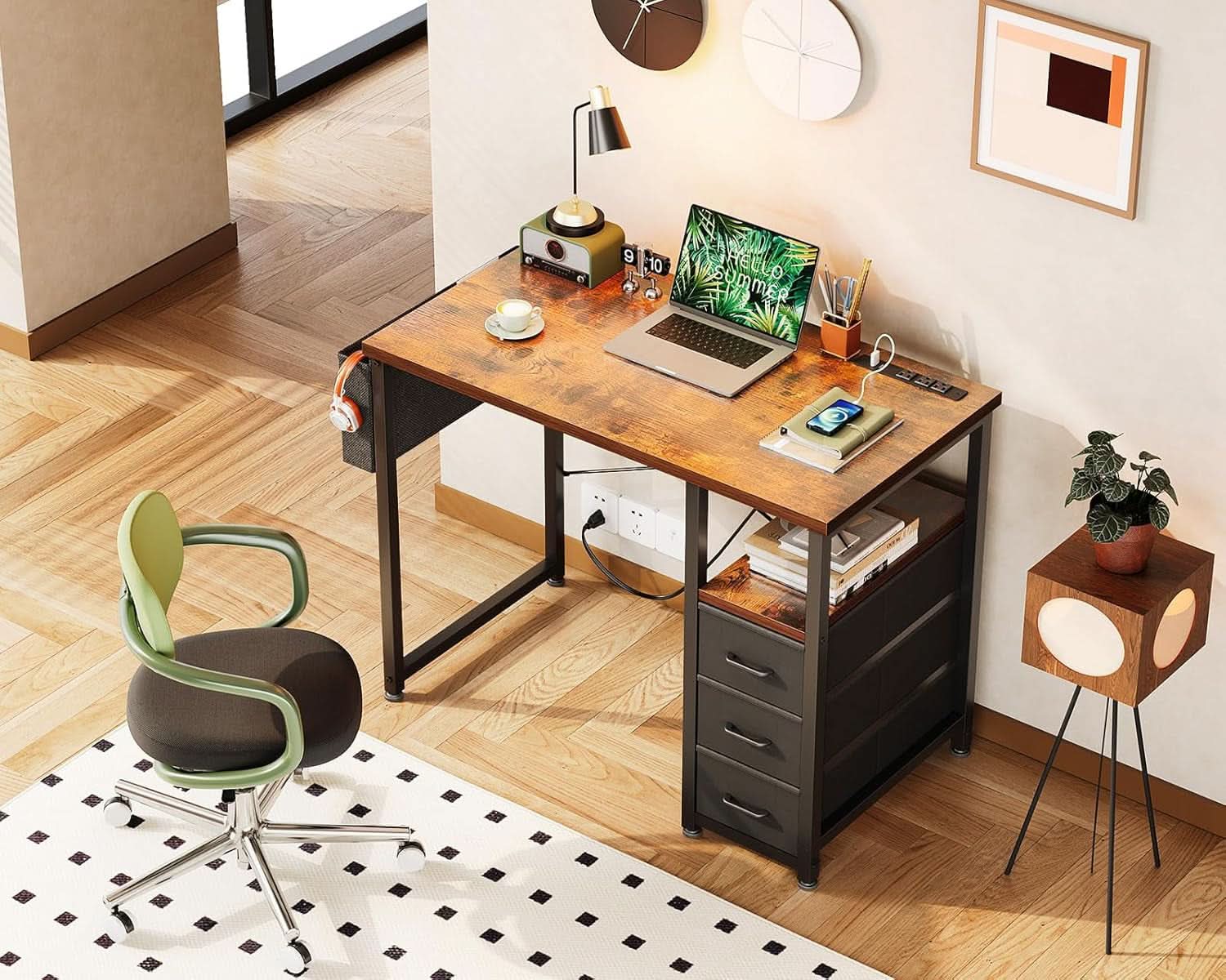 32-Inch Vintage Desk With Drawers And Charging Station