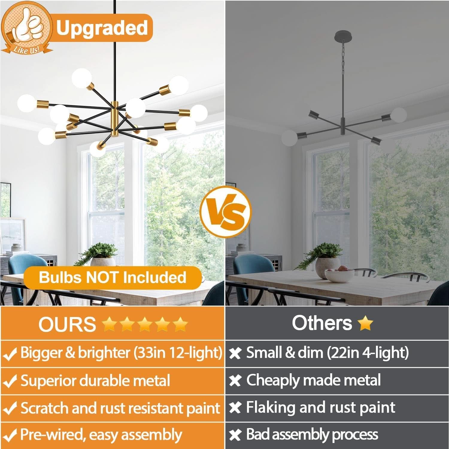 33 Inch Modern Black Gold Chandelier 12 Light Adjustable