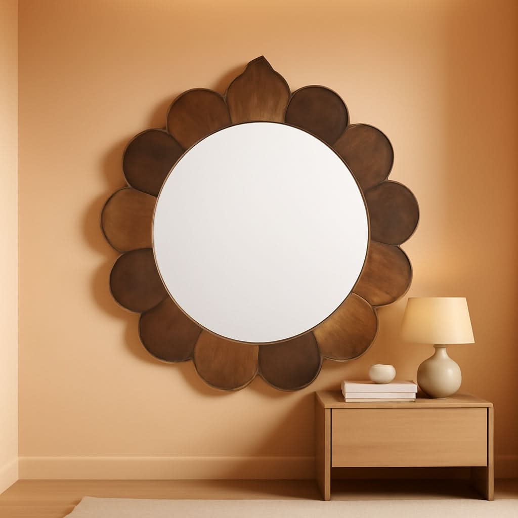 35 Inch Round Scalloped Wall Mirror With Reclaimed Wood