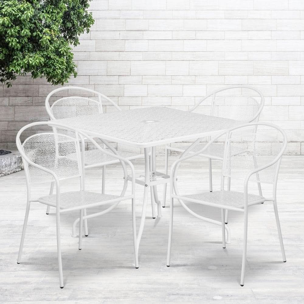 35.5 Square White Outdoor Patio Table Set With 4 Chairs