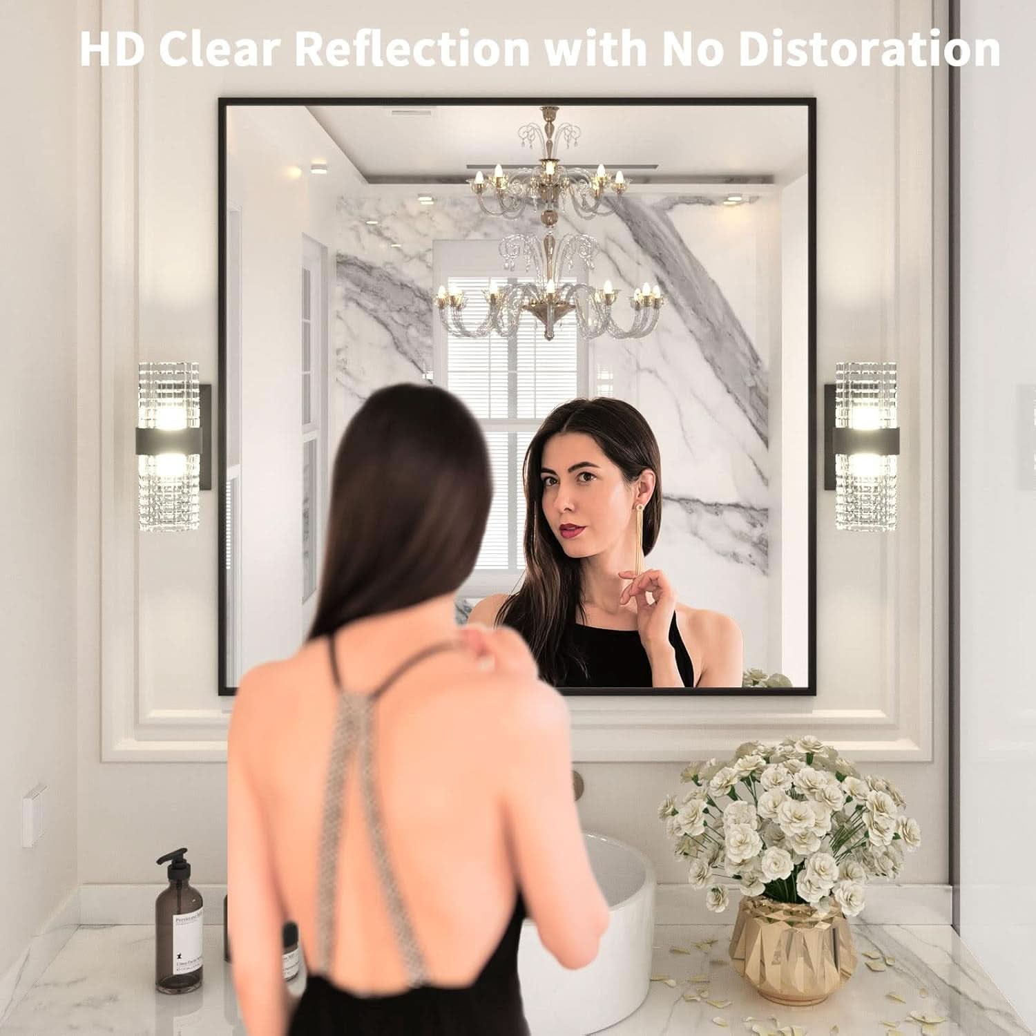 36 Inch Black Rectangle Bathroom Mirror With Tempered Glass