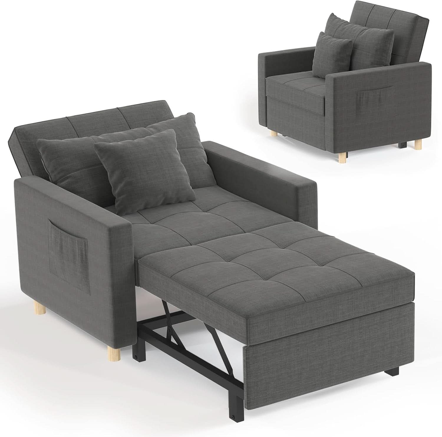 36 Inch Convertible Sleeper Chair GreyTexturedFabric