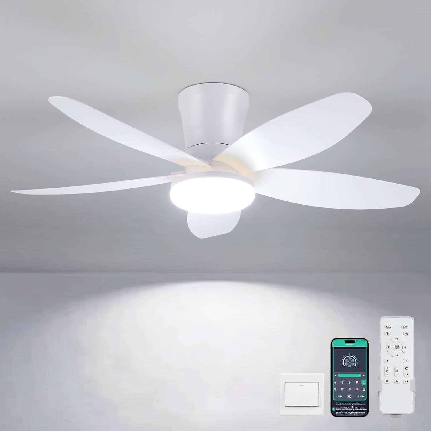 36 Inch White Ceiling Fan With Dimmable LED Remote App Control Energy Efficient