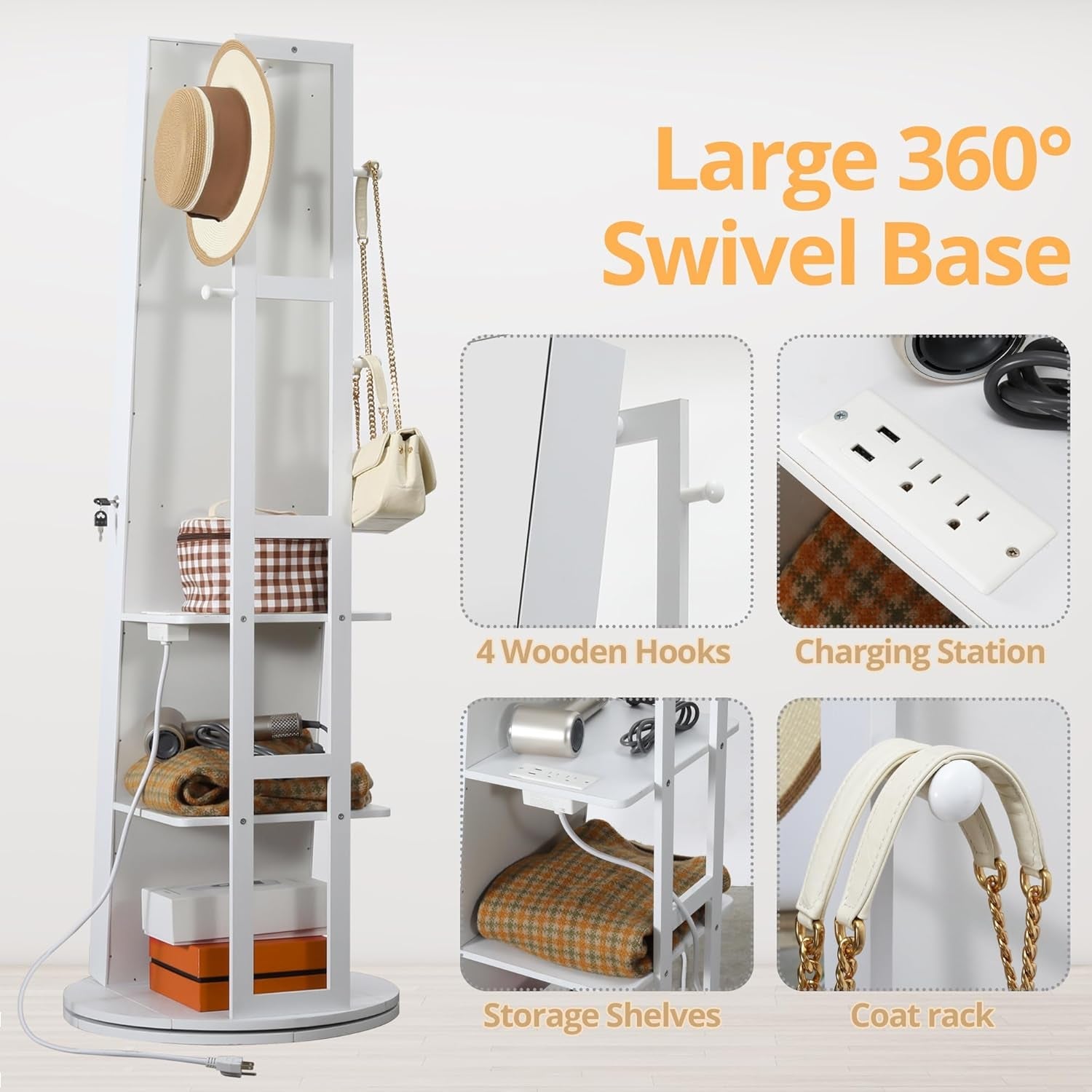 360 Degree Swivel Mirrored Jewelry Cabinet With LED Lights White