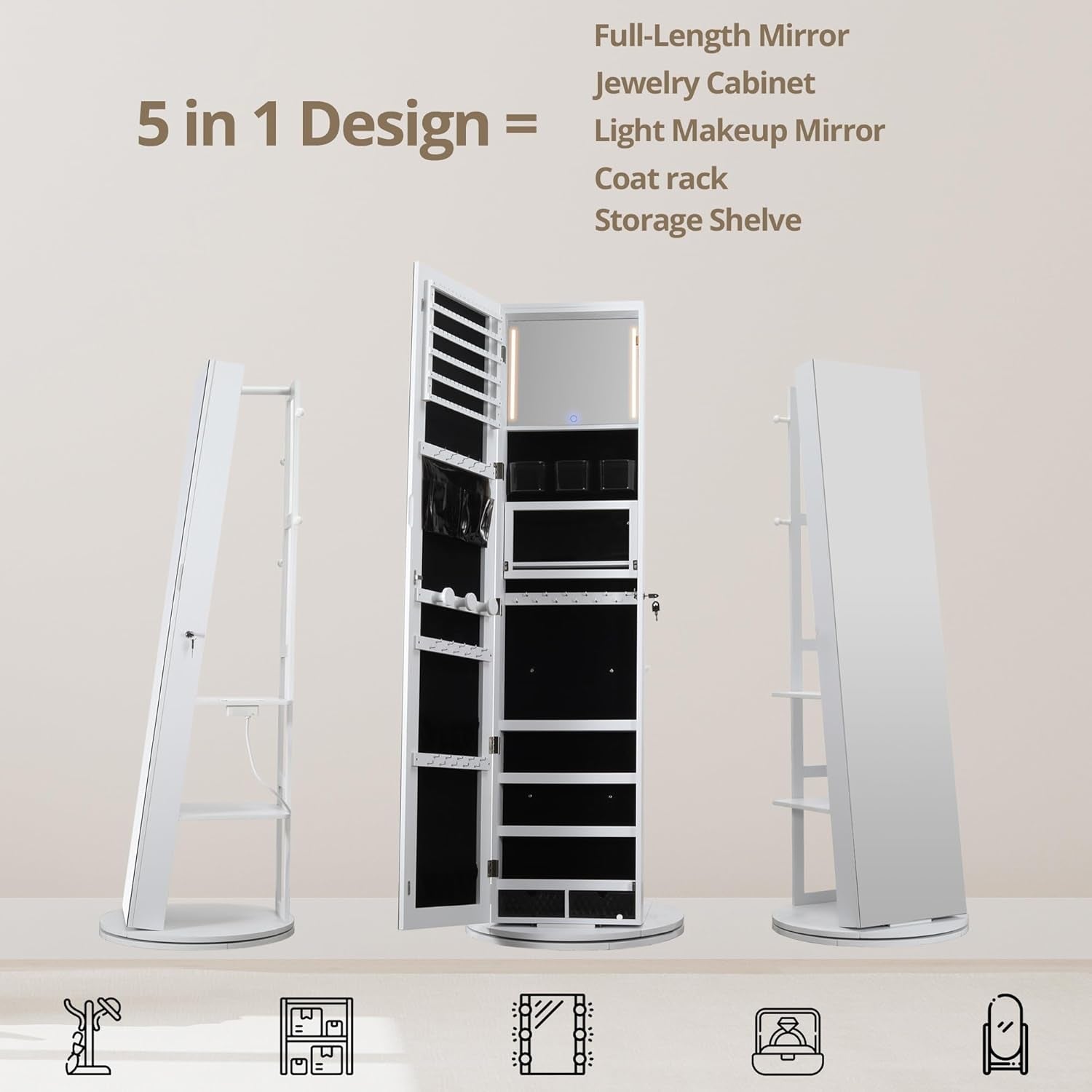 360 Degree Swivel Mirrored Jewelry Cabinet With LED Lights White