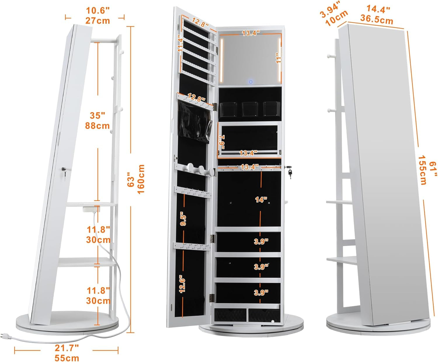 360 Degree Swivel Mirrored Jewelry Cabinet With LED Lights White