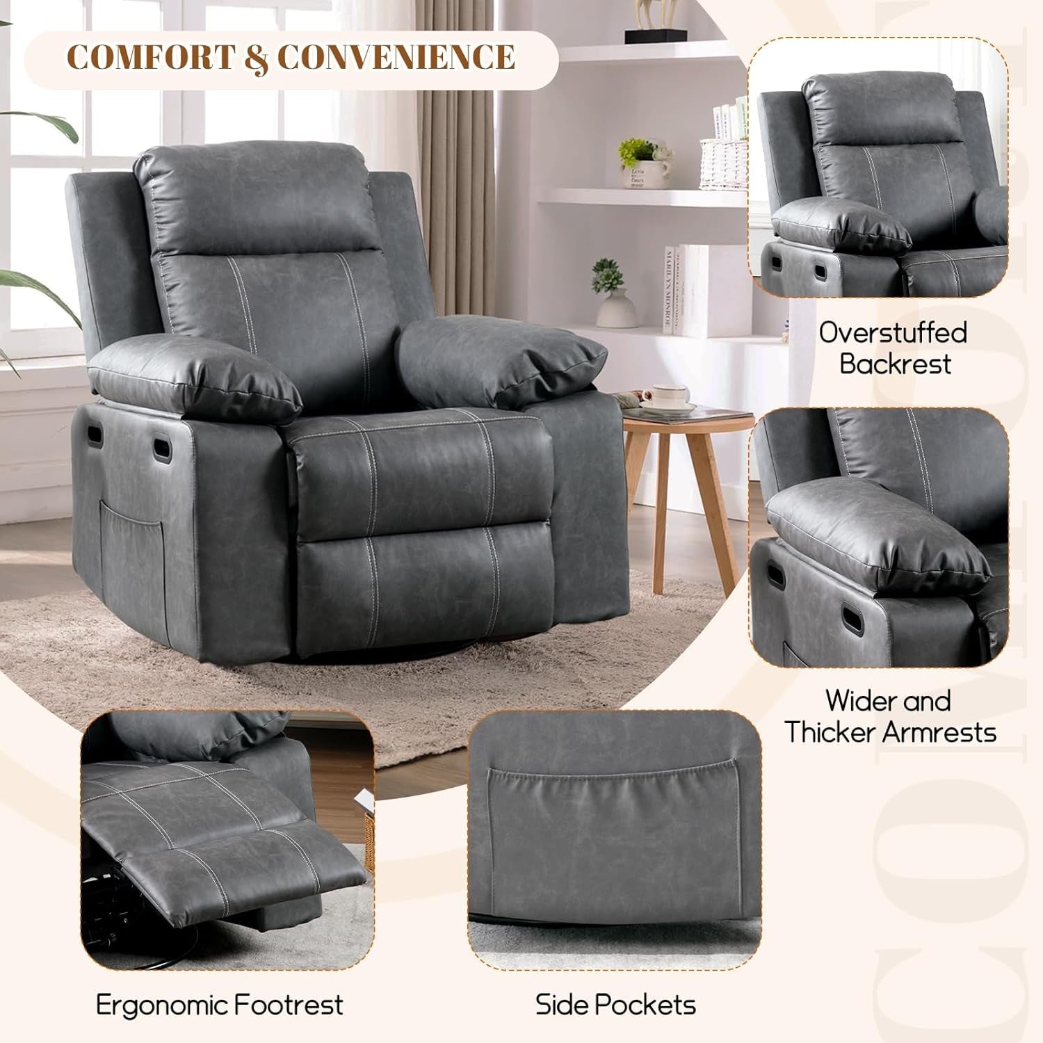 360 Degree Swivel Recliner Chair With Massage And Heat Grey
