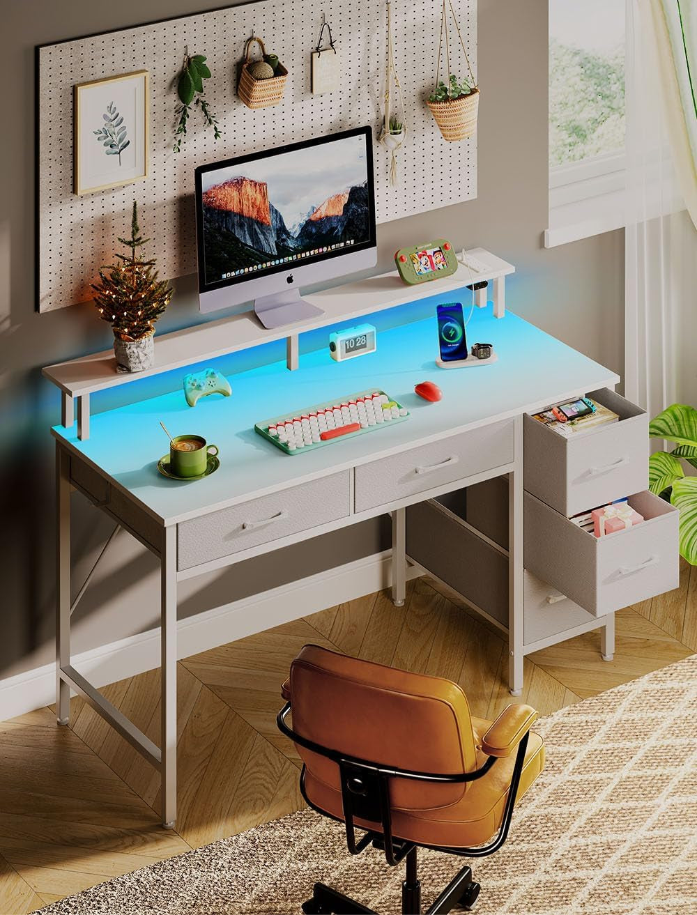 39 Inch Computer Desk Power Outlets LED Light White
